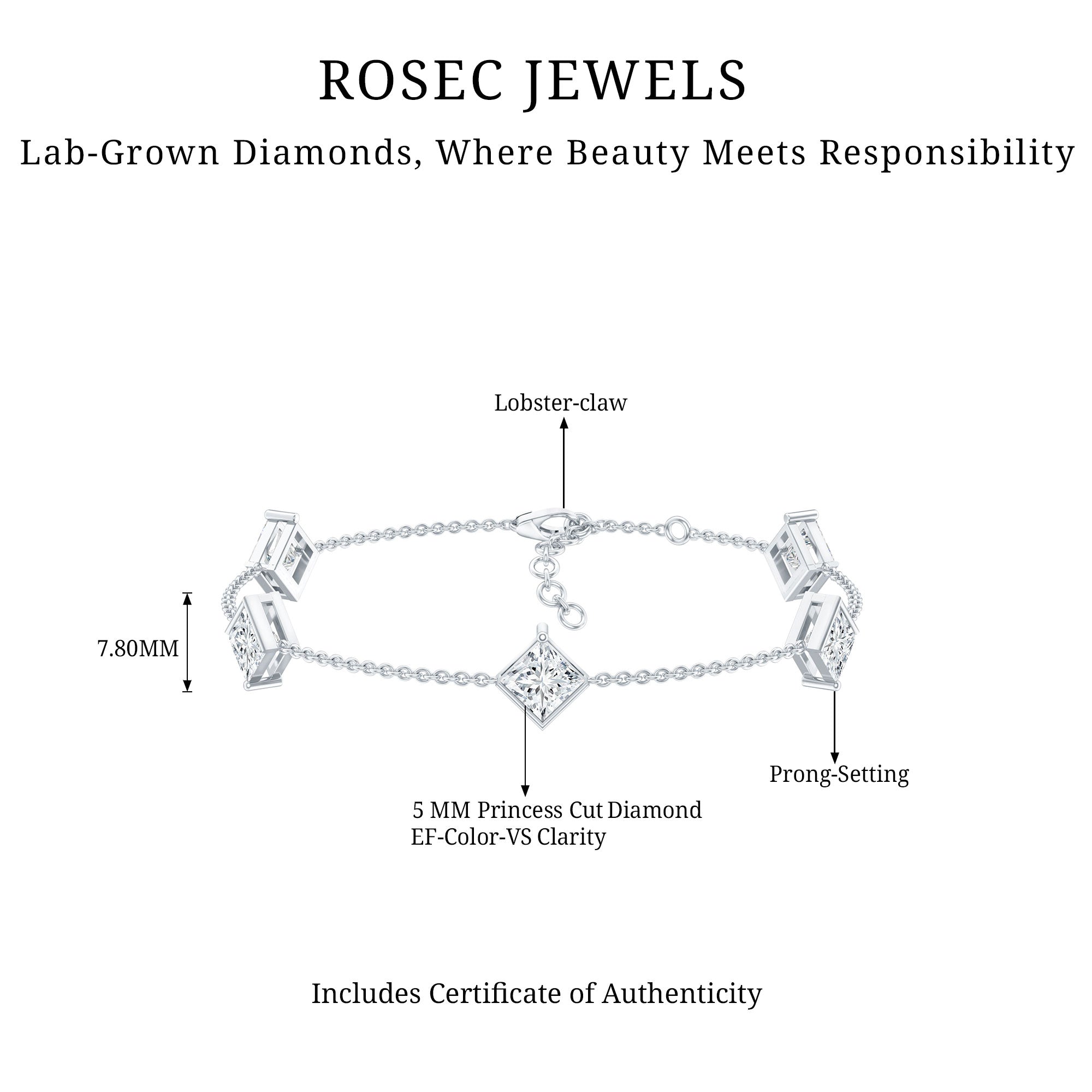 Certified Princess Cut Lab Grown Diamond Wedding Chain Bracelet