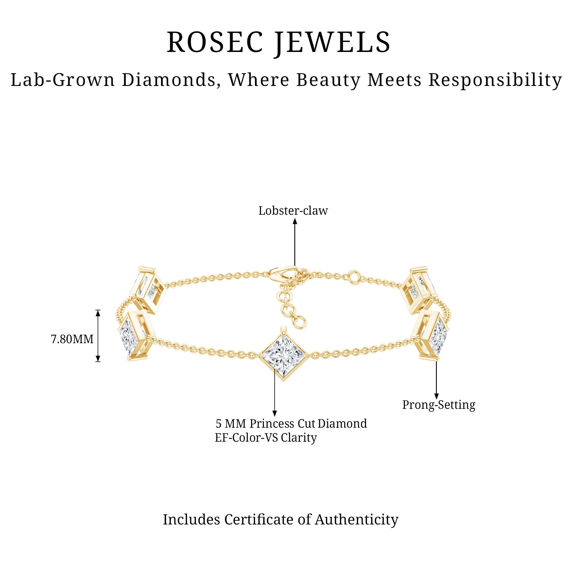 Certified Princess Cut Lab Grown Diamond Wedding Chain Bracelet