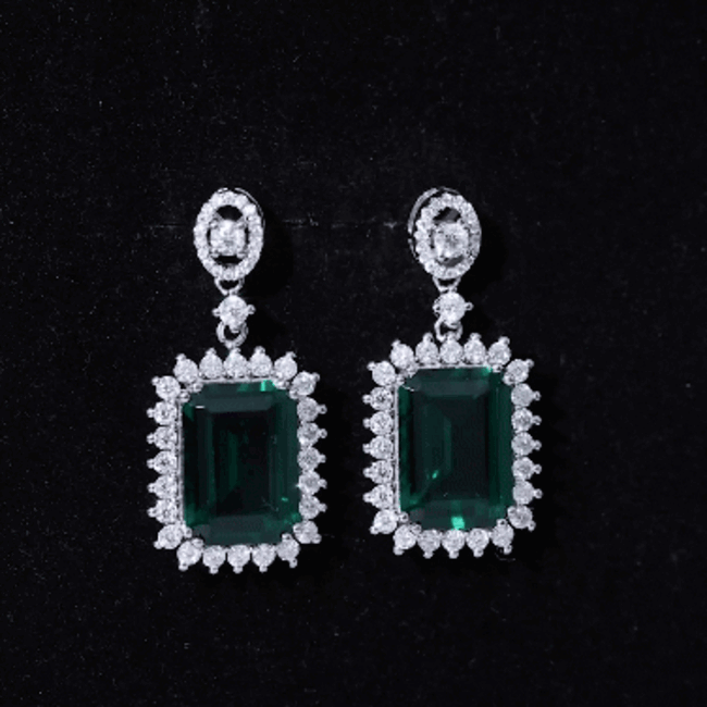 Certified 16 Carat Lab Grown Emerald Vintage Bridal Earrings in Silver