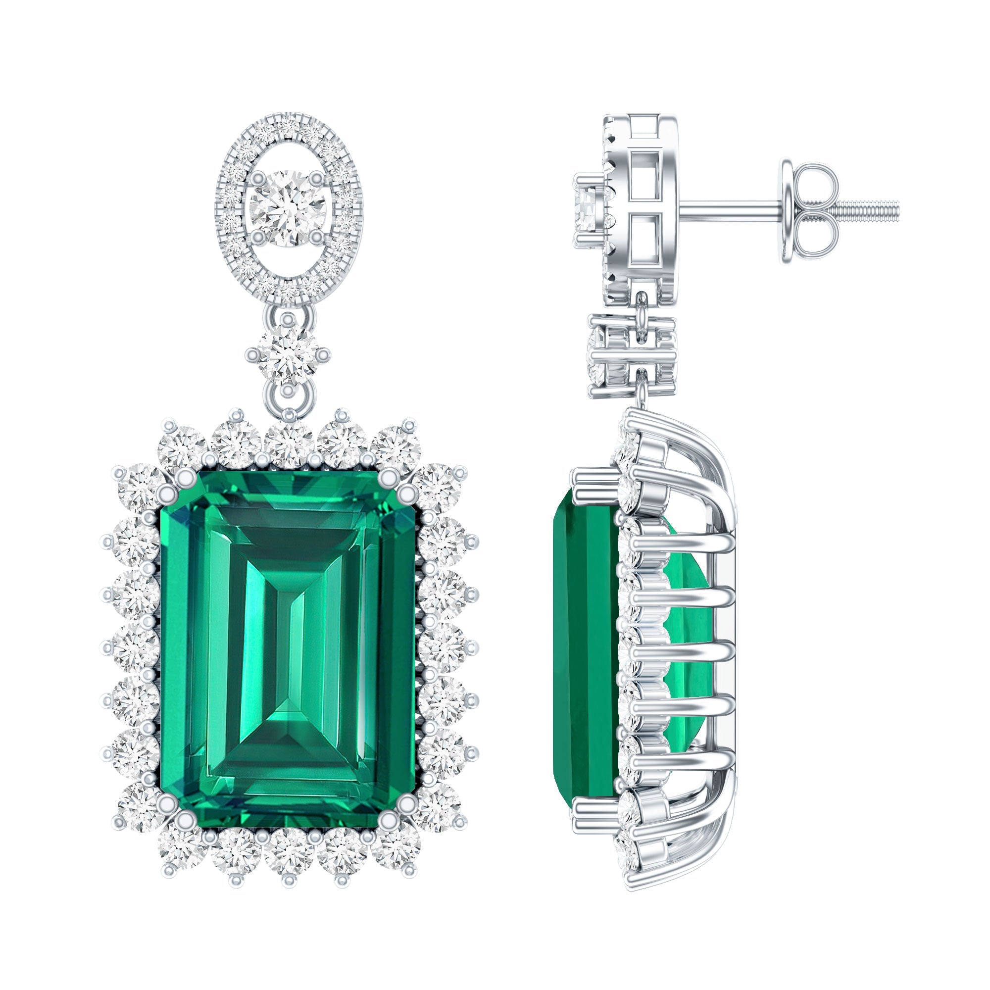 Certified 16 Carat Lab Grown Emerald Vintage Bridal Earrings in Silver