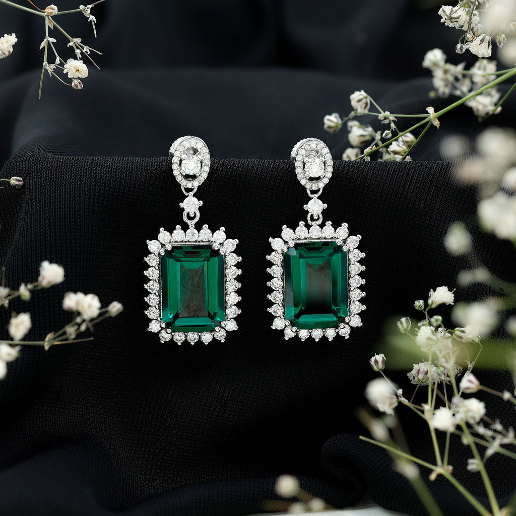 Certified 16 Carat Lab Grown Emerald Vintage Bridal Earrings in Silver