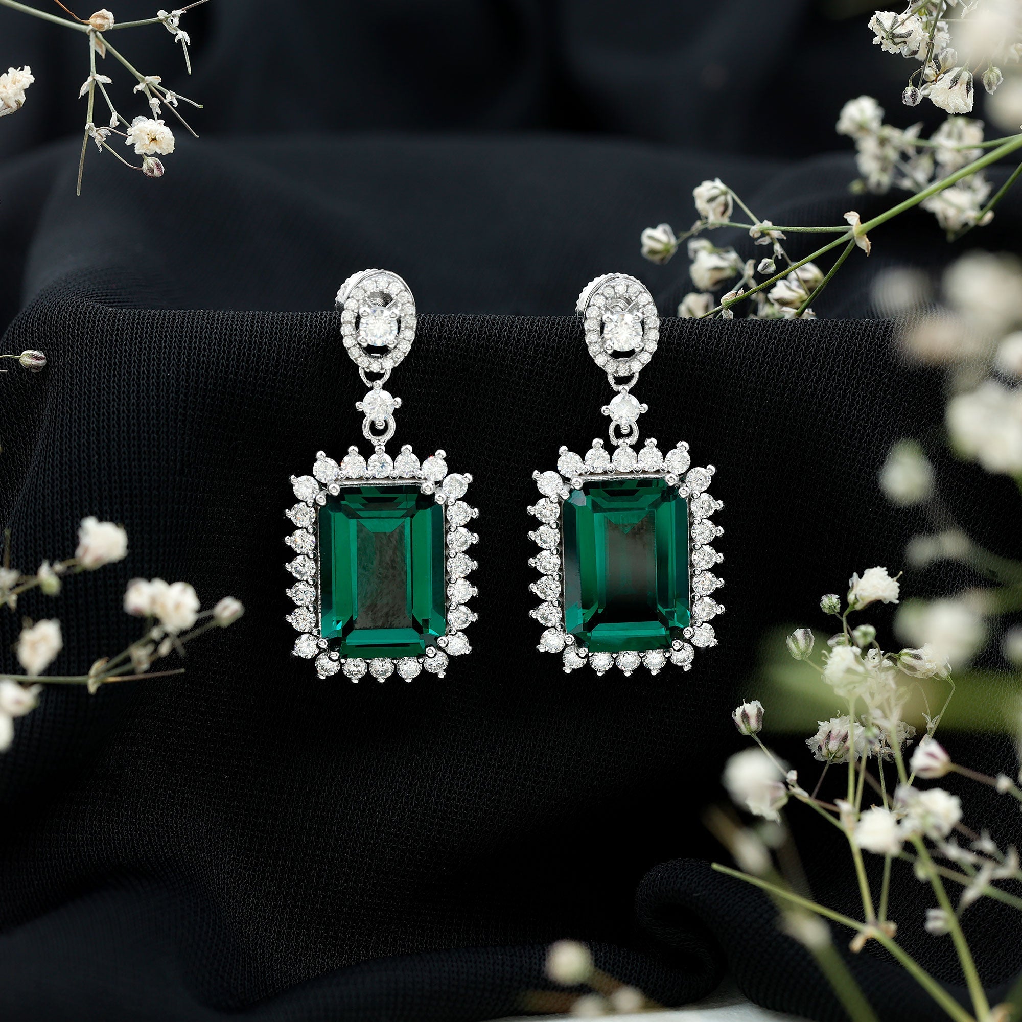 Certified 16 Carat Lab Grown Emerald Vintage Bridal Earrings in Silver