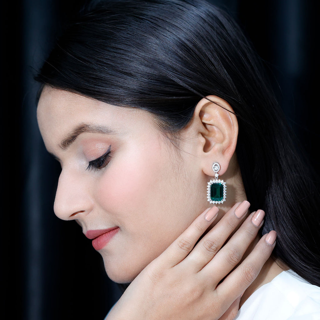 Certified 16 Carat Lab Grown Emerald Vintage Bridal Earrings in Silver
