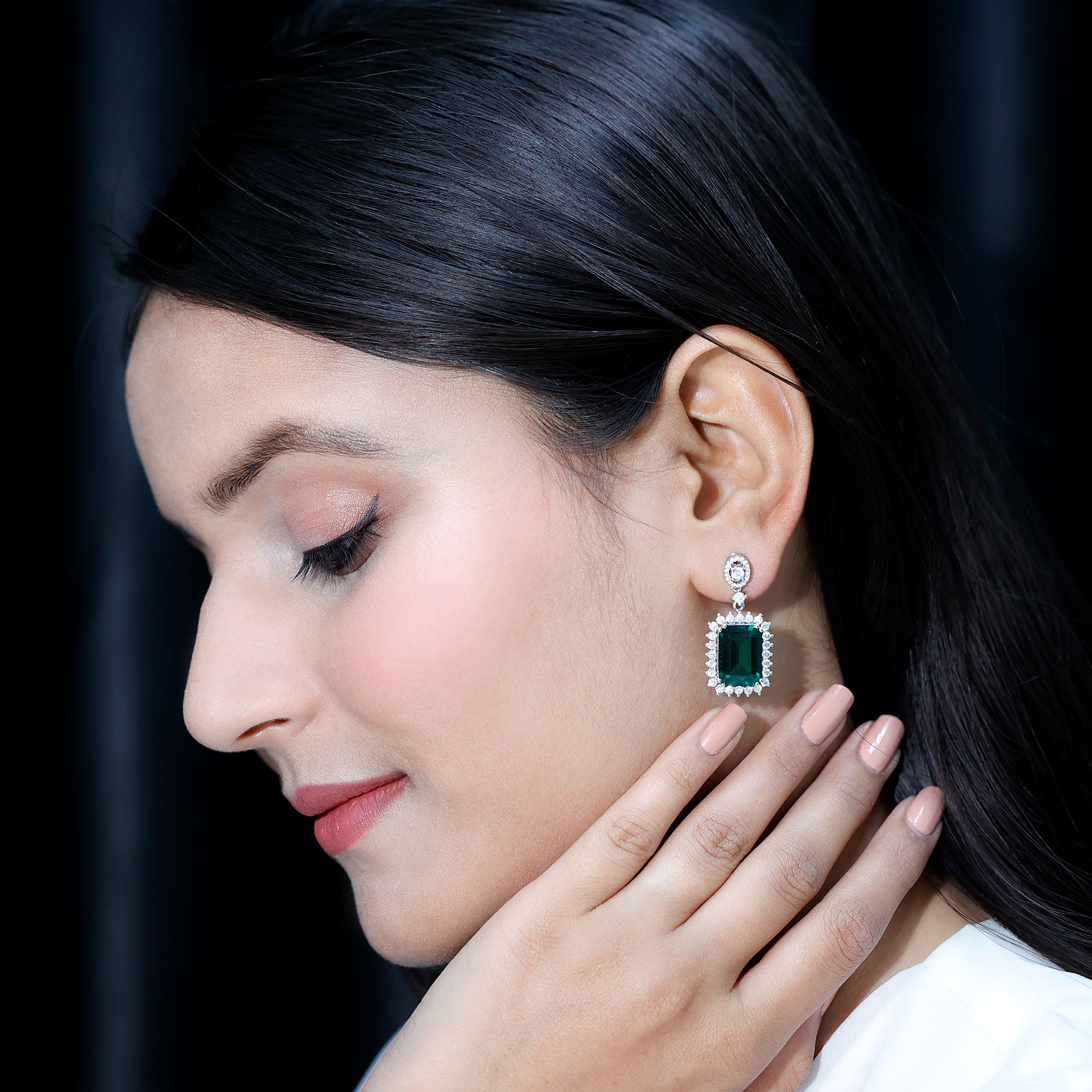 Certified 16 Carat Lab Grown Emerald Vintage Bridal Earrings in Silver
