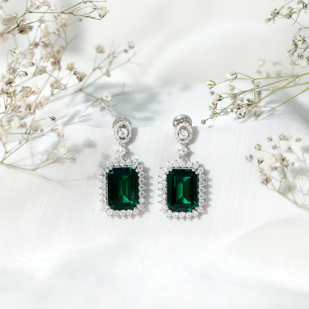 Certified 16 Carat Lab Grown Emerald Vintage Bridal Earrings in Silver