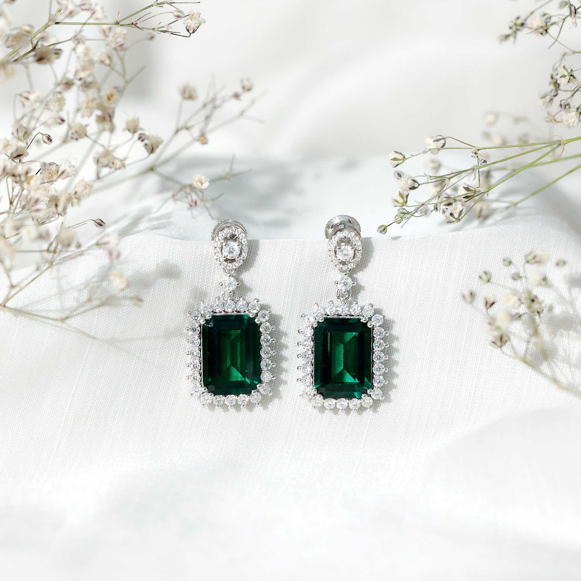 Certified 16 Carat Lab Grown Emerald Vintage Bridal Earrings in Silver