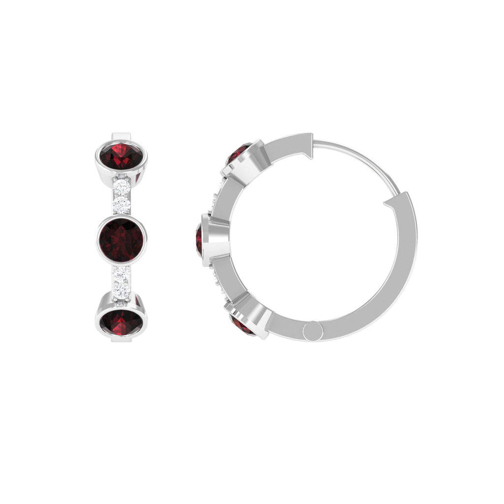 Bezel Set Garnet and Diamond Hinged Hoop Earrings