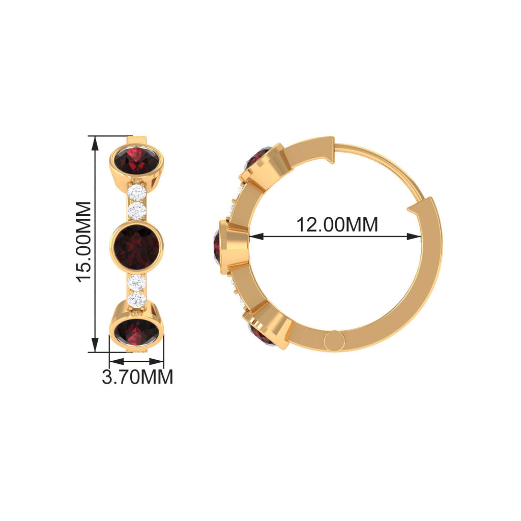 Bezel Set Garnet and Diamond Hinged Hoop Earrings