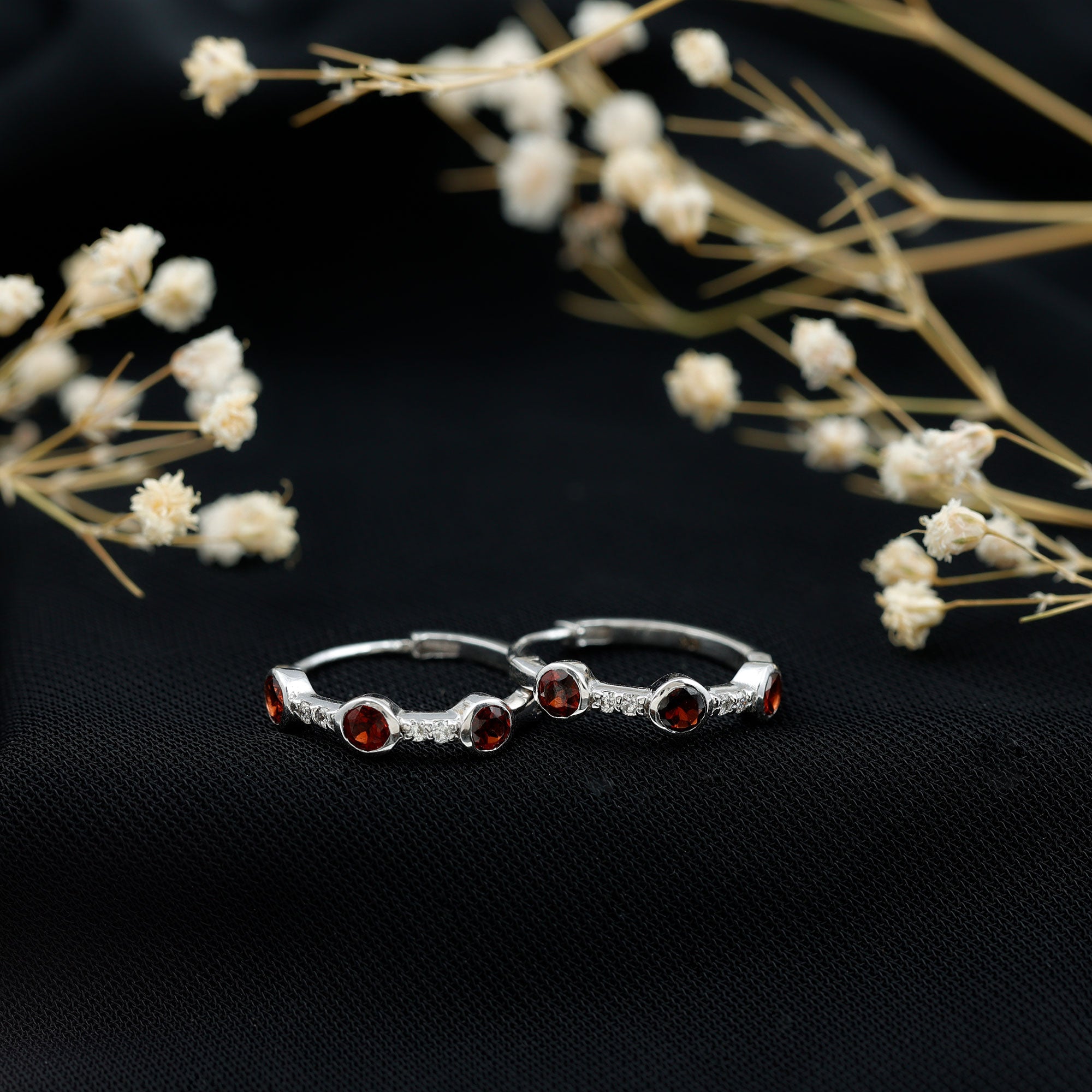 Bezel Set Garnet and Diamond Hinged Hoop Earrings
