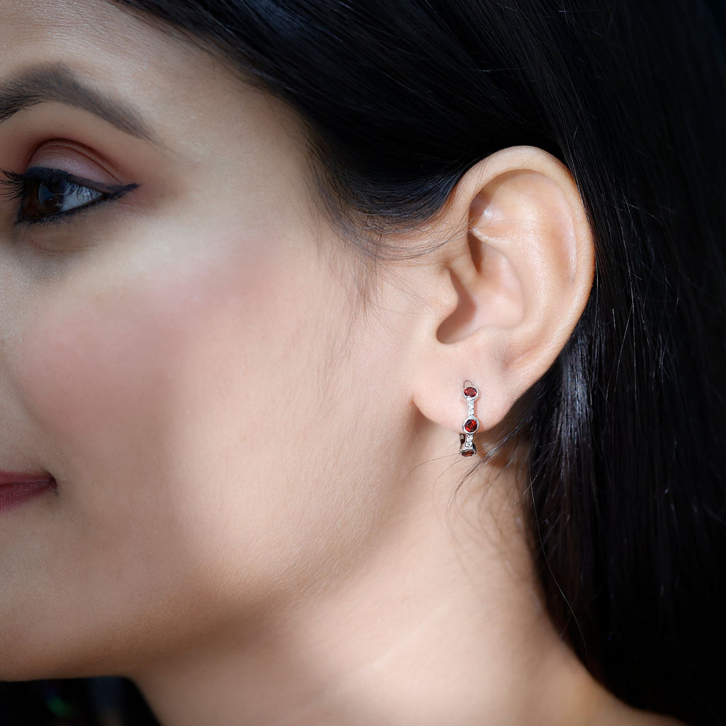 Bezel Set Garnet and Diamond Hinged Hoop Earrings