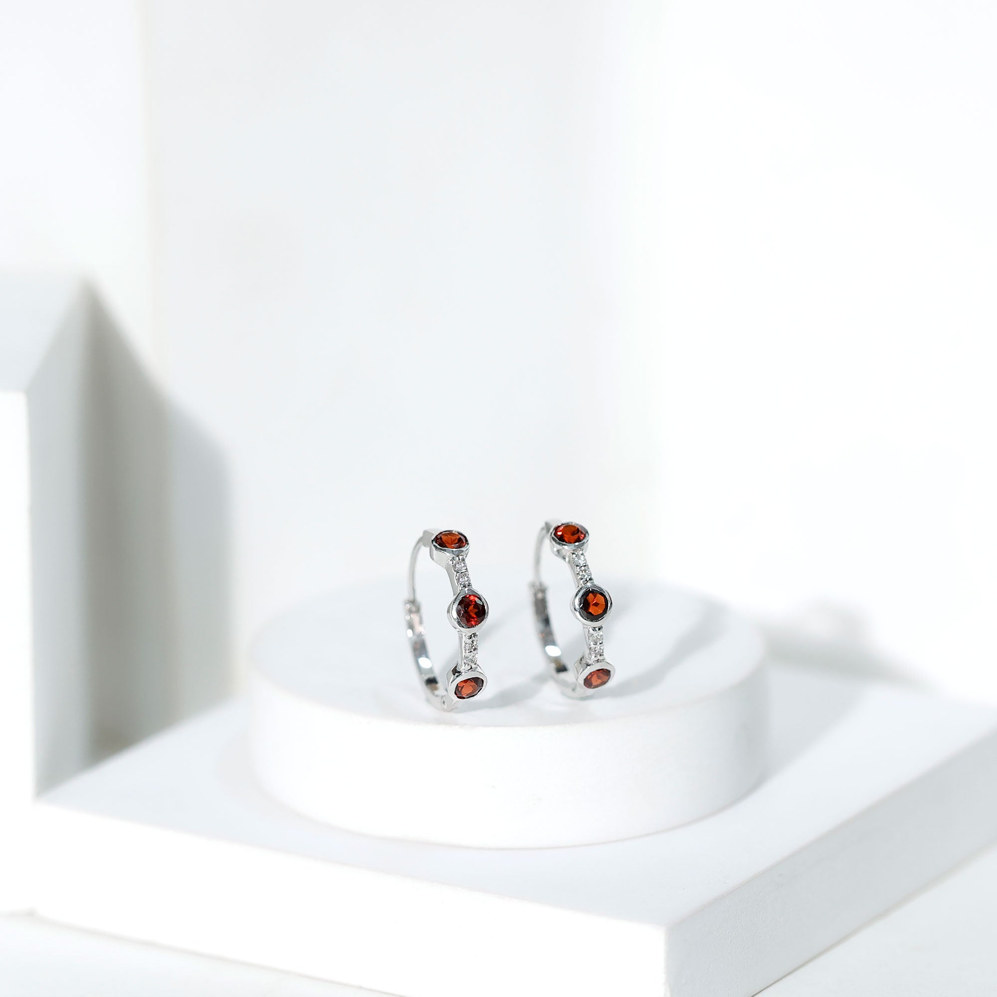 Bezel Set Garnet and Diamond Hinged Hoop Earrings
