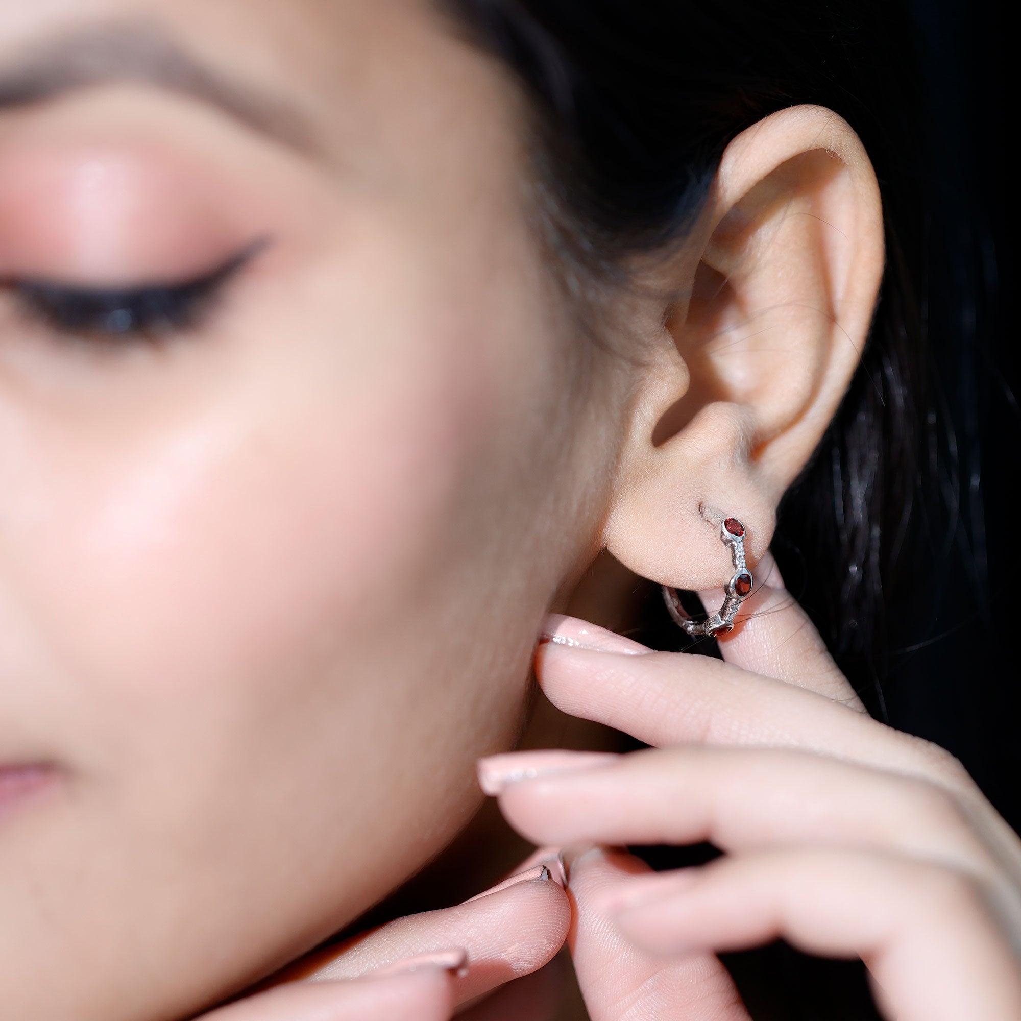 Bezel Set Garnet and Diamond Hinged Hoop Earrings