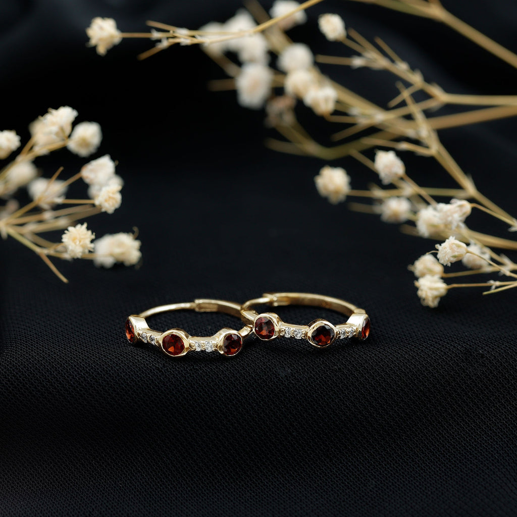 Bezel Set Garnet and Diamond Hinged Hoop Earrings