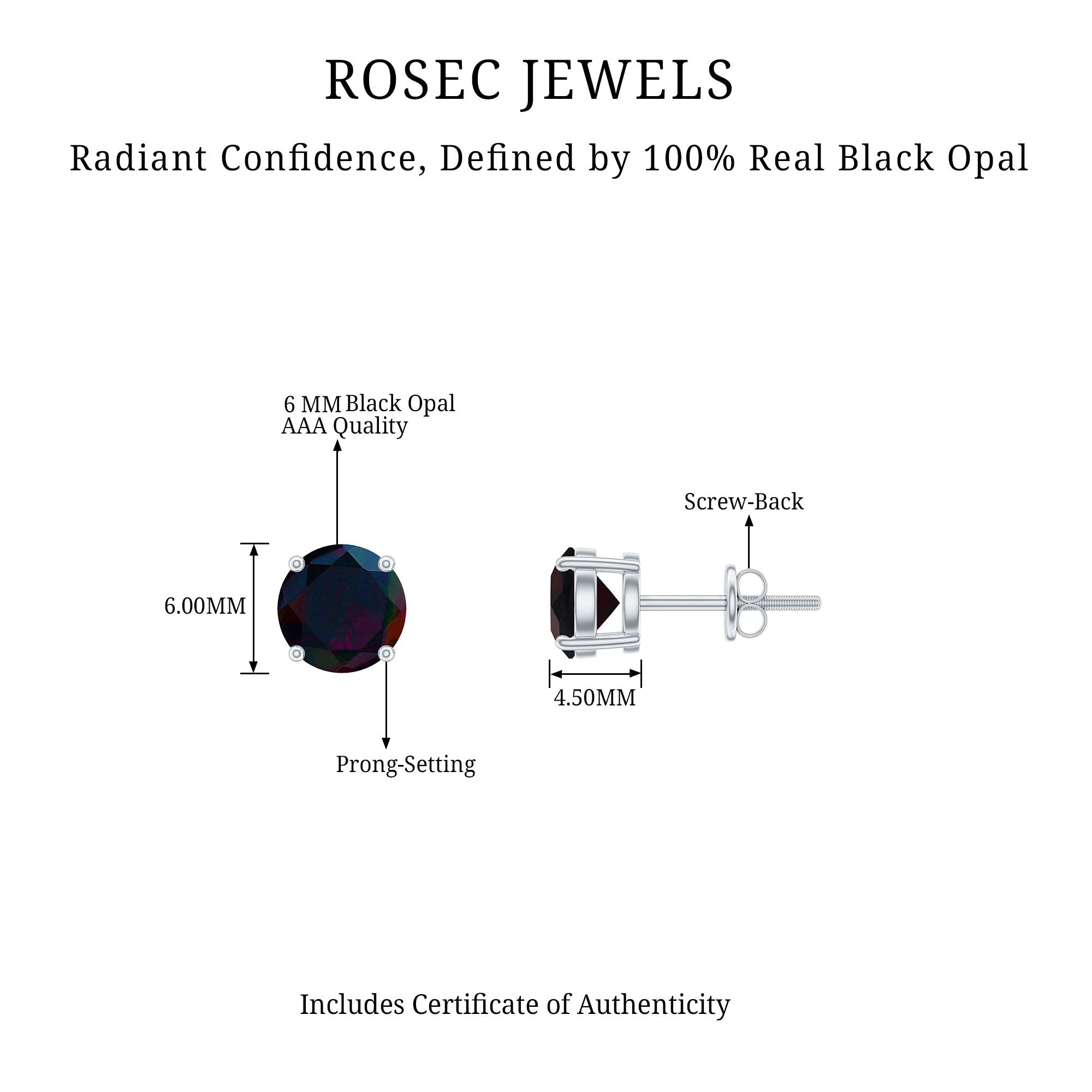 Genuine Black Opal Solitaire Stud Earrings with Screw Back