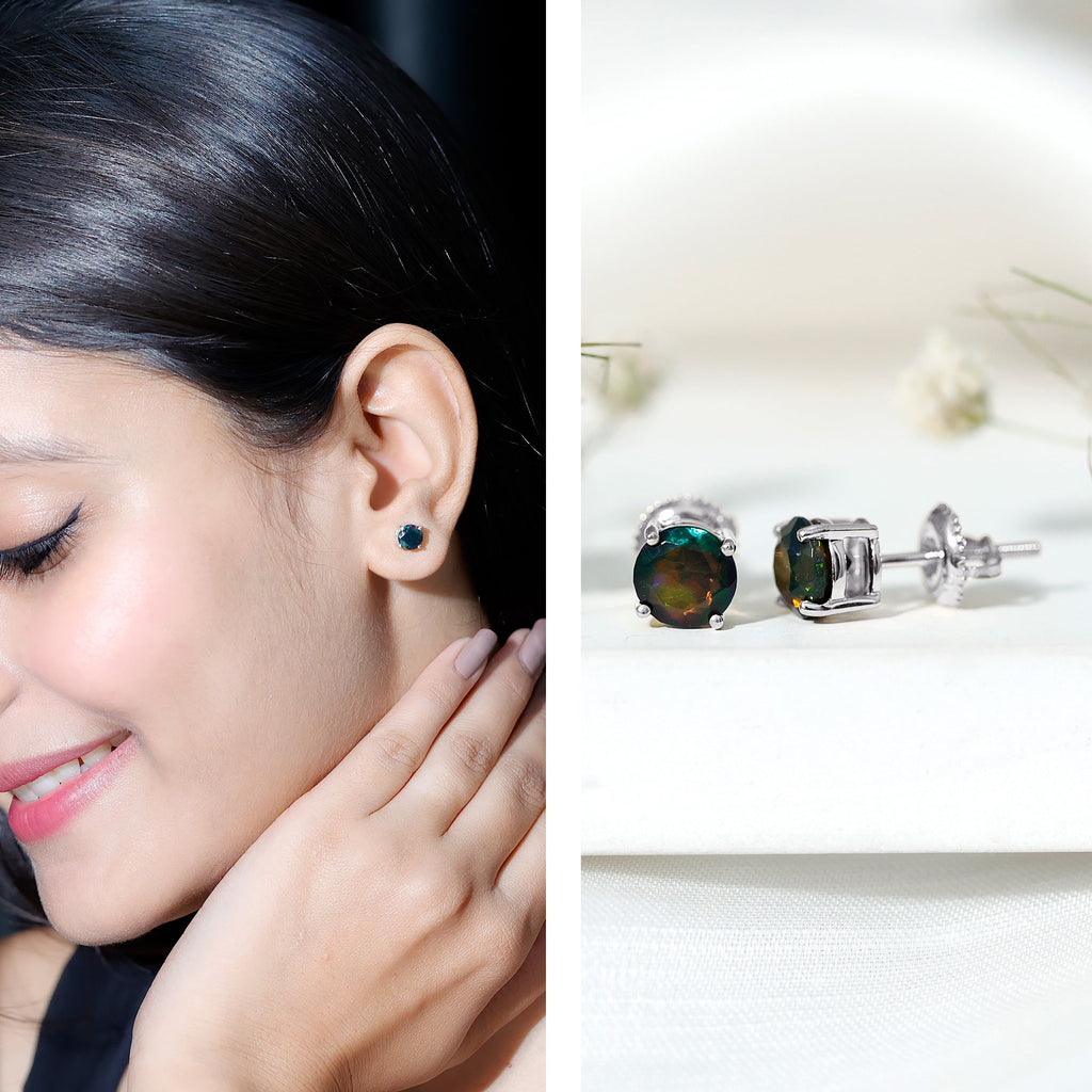 Genuine Black Opal Solitaire Stud Earrings with Screw Back