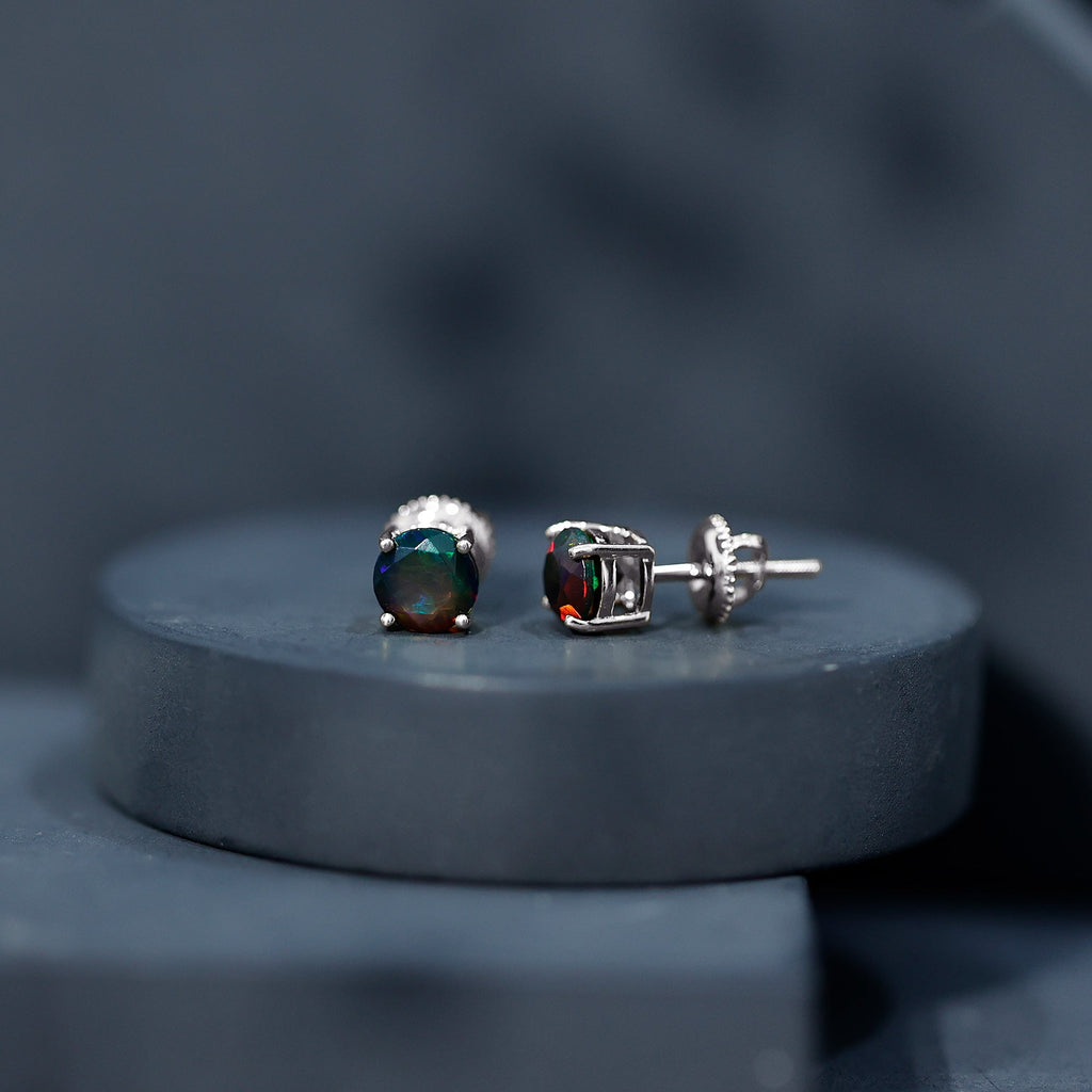 Genuine Black Opal Solitaire Stud Earrings with Screw Back