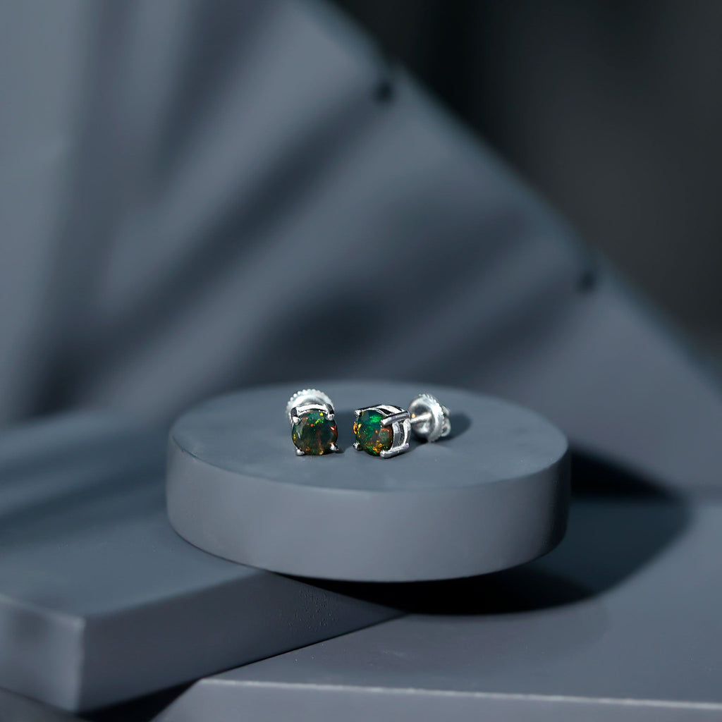 Genuine Black Opal Solitaire Stud Earrings with Screw Back