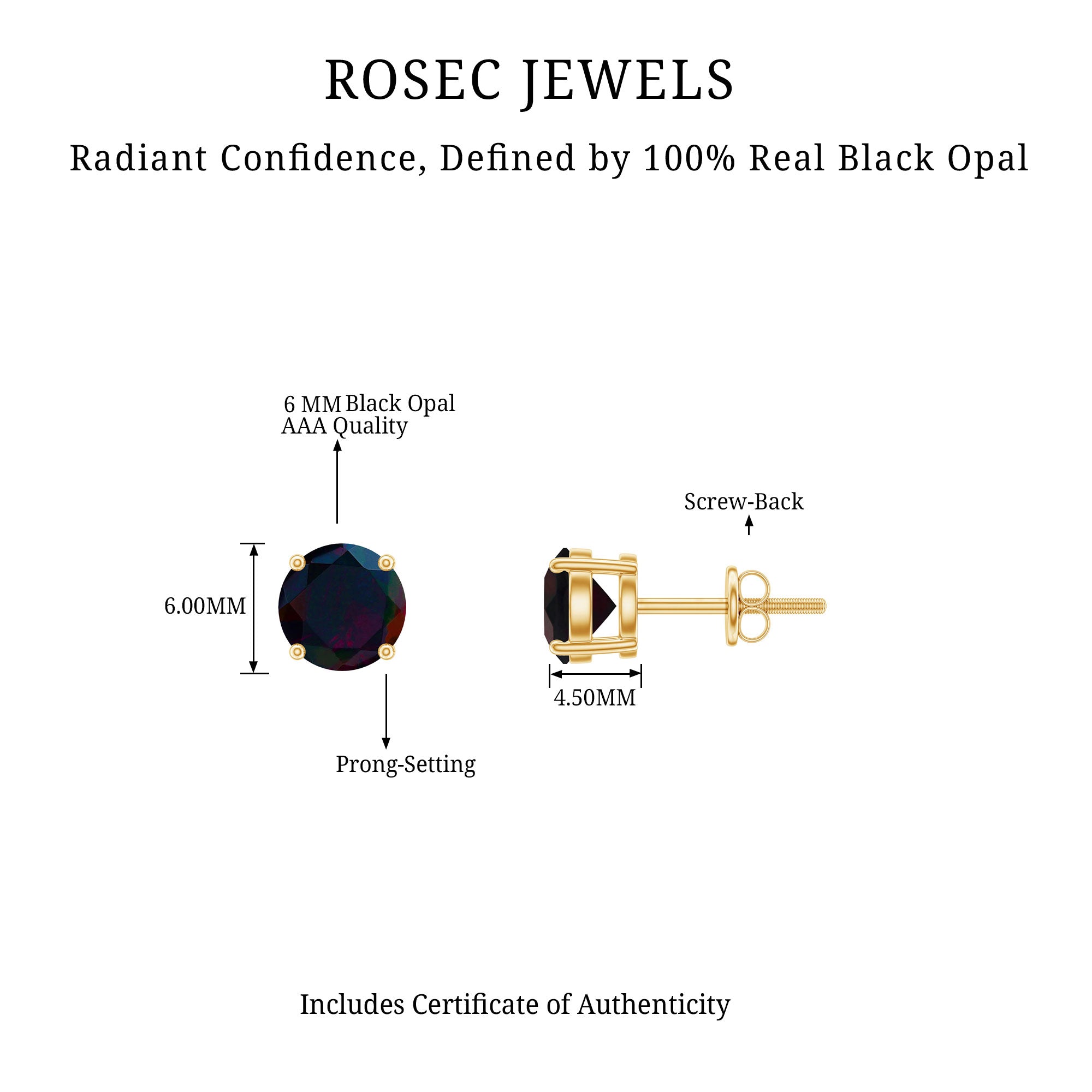Genuine Black Opal Solitaire Stud Earrings with Screw Back
