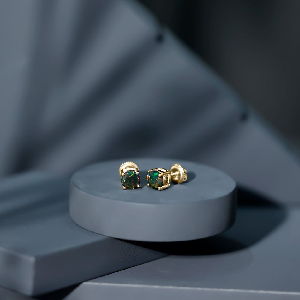 Genuine Black Opal Solitaire Stud Earrings with Screw Back