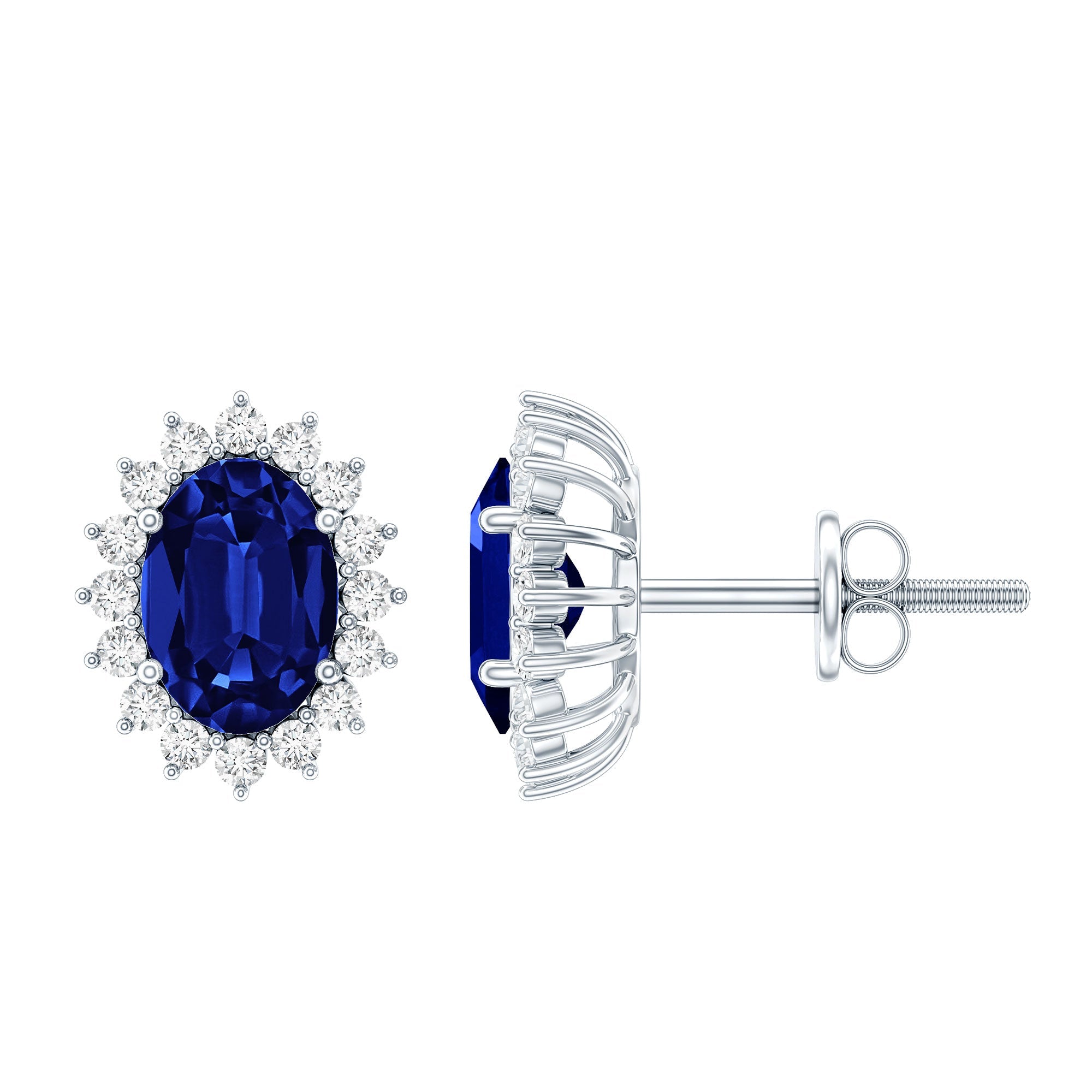 Lab Grown Blue Sapphire Princess Diana Inspired Stud Earrings in Silver