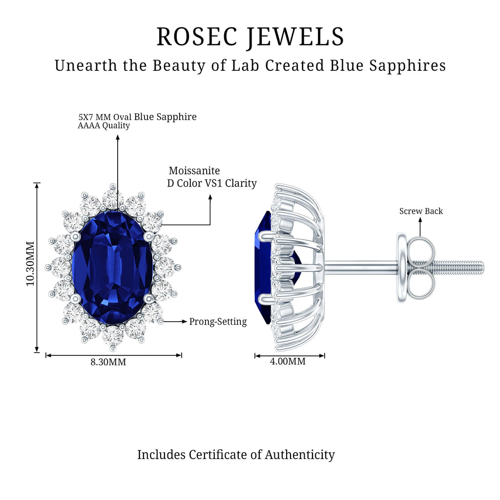 Lab Grown Blue Sapphire Princess Diana Inspired Stud Earrings in Silver
