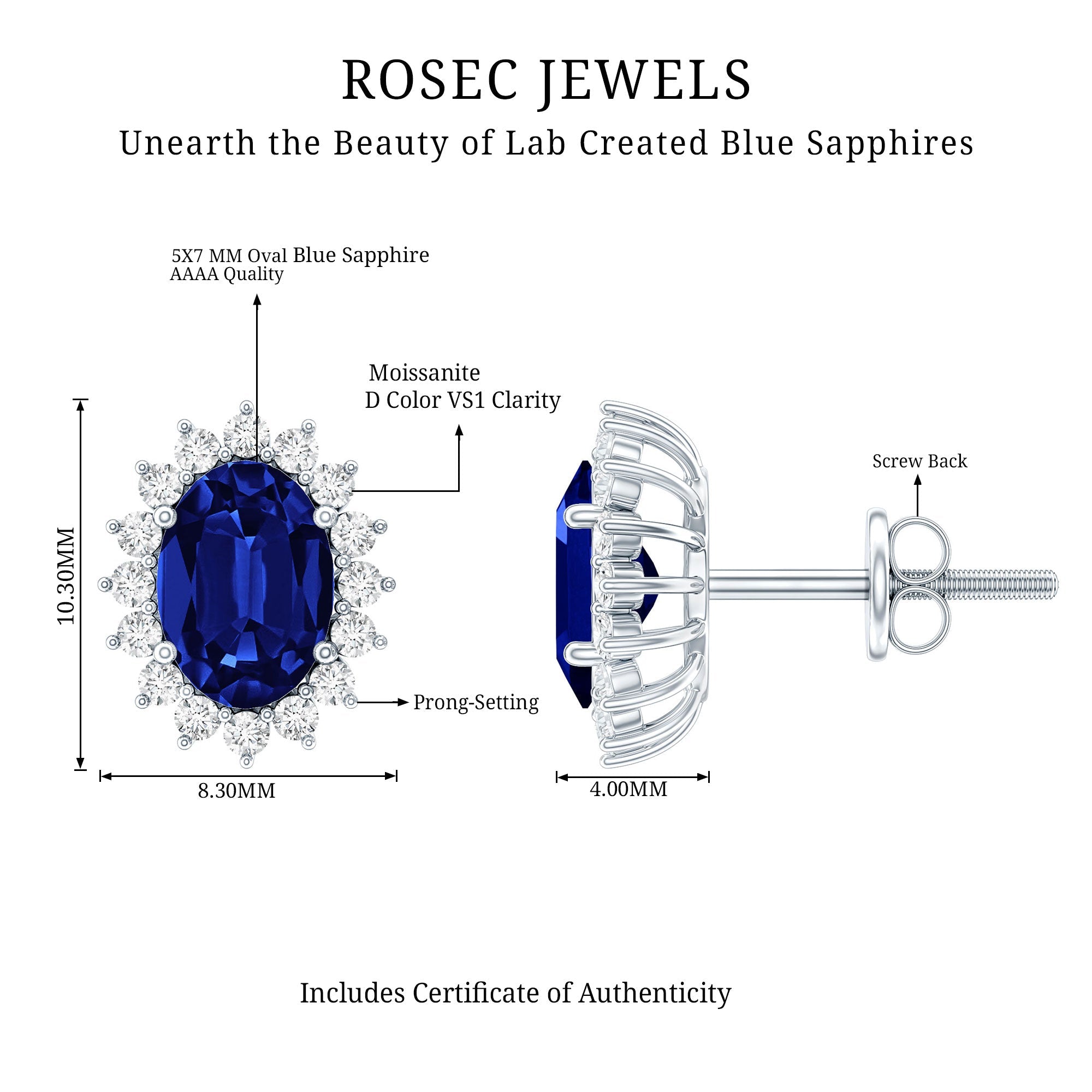 Lab Grown Blue Sapphire Princess Diana Inspired Stud Earrings in Silver