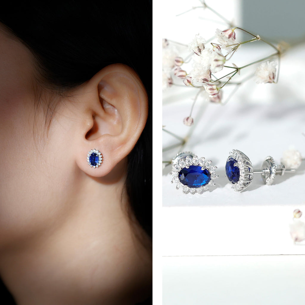 Lab Grown Blue Sapphire Princess Diana Inspired Stud Earrings in Silver