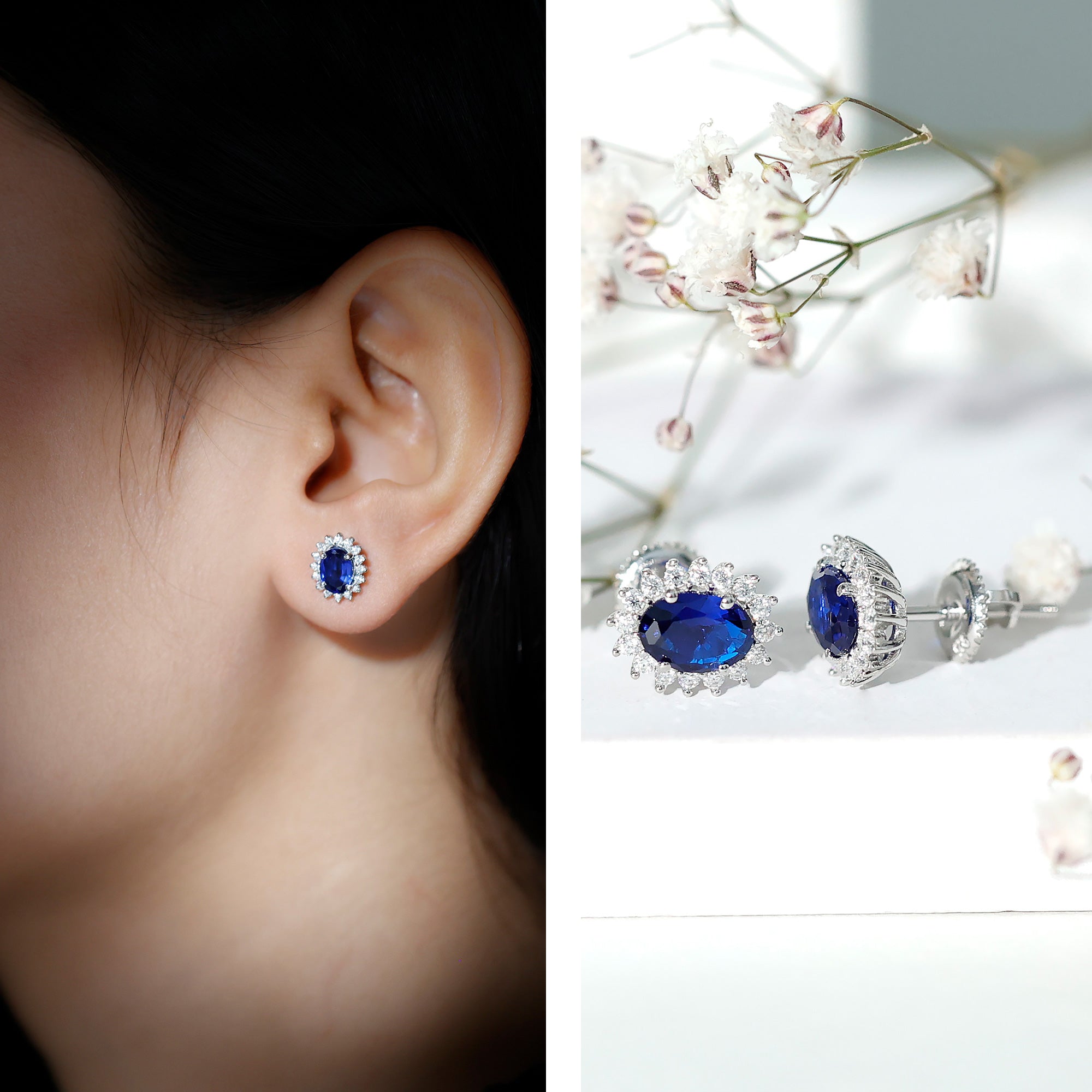 Lab Grown Blue Sapphire Princess Diana Inspired Stud Earrings in Silver