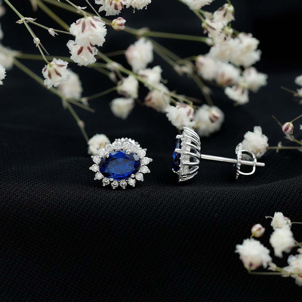 Lab Grown Blue Sapphire Princess Diana Inspired Stud Earrings in Silver