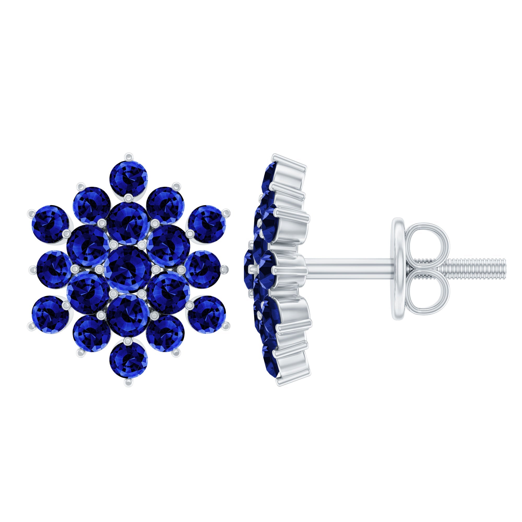 Snowflake Looking Lab Grown Blue Sapphire Cluster Stud Earrings