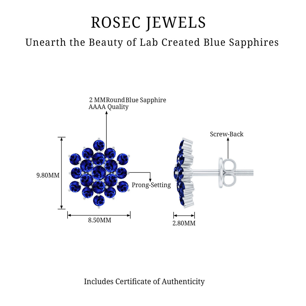 Snowflake Looking Lab Grown Blue Sapphire Cluster Stud Earrings