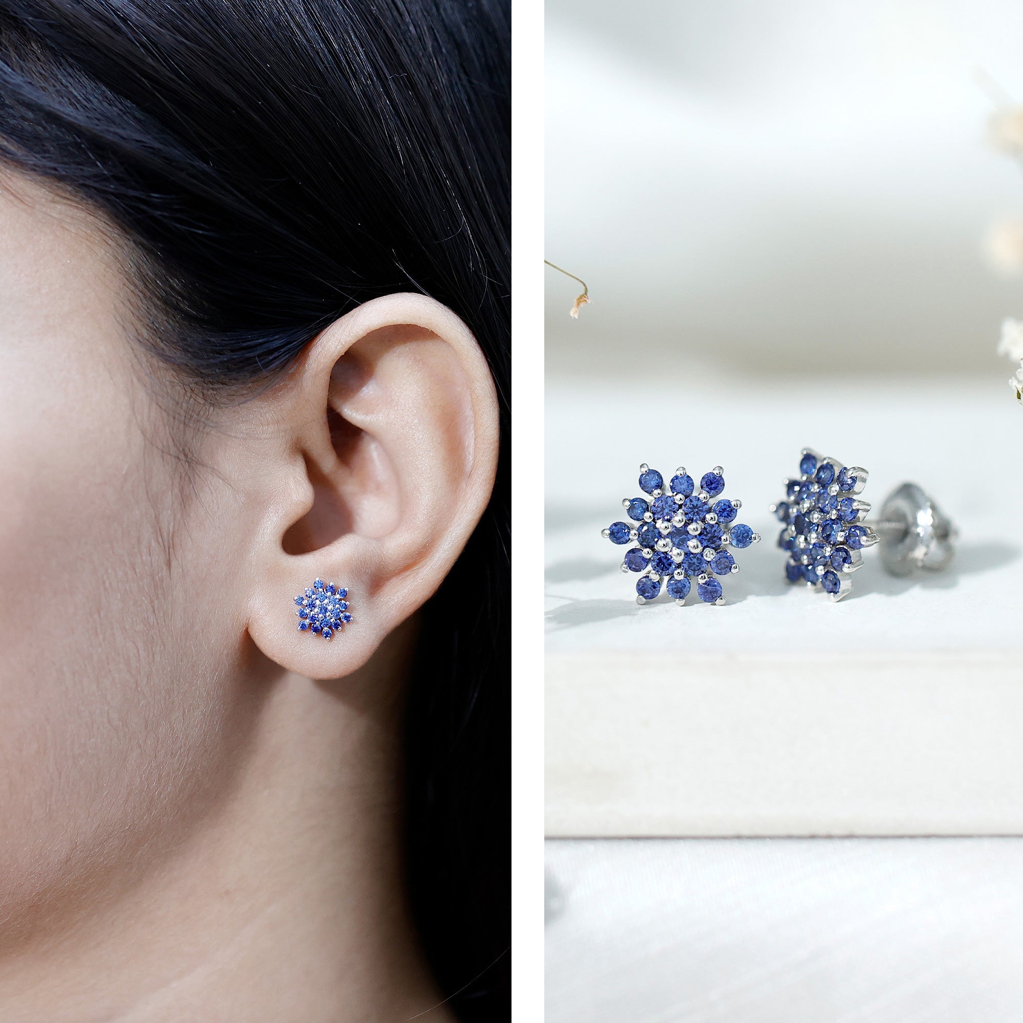 Snowflake Looking Lab Grown Blue Sapphire Cluster Stud Earrings