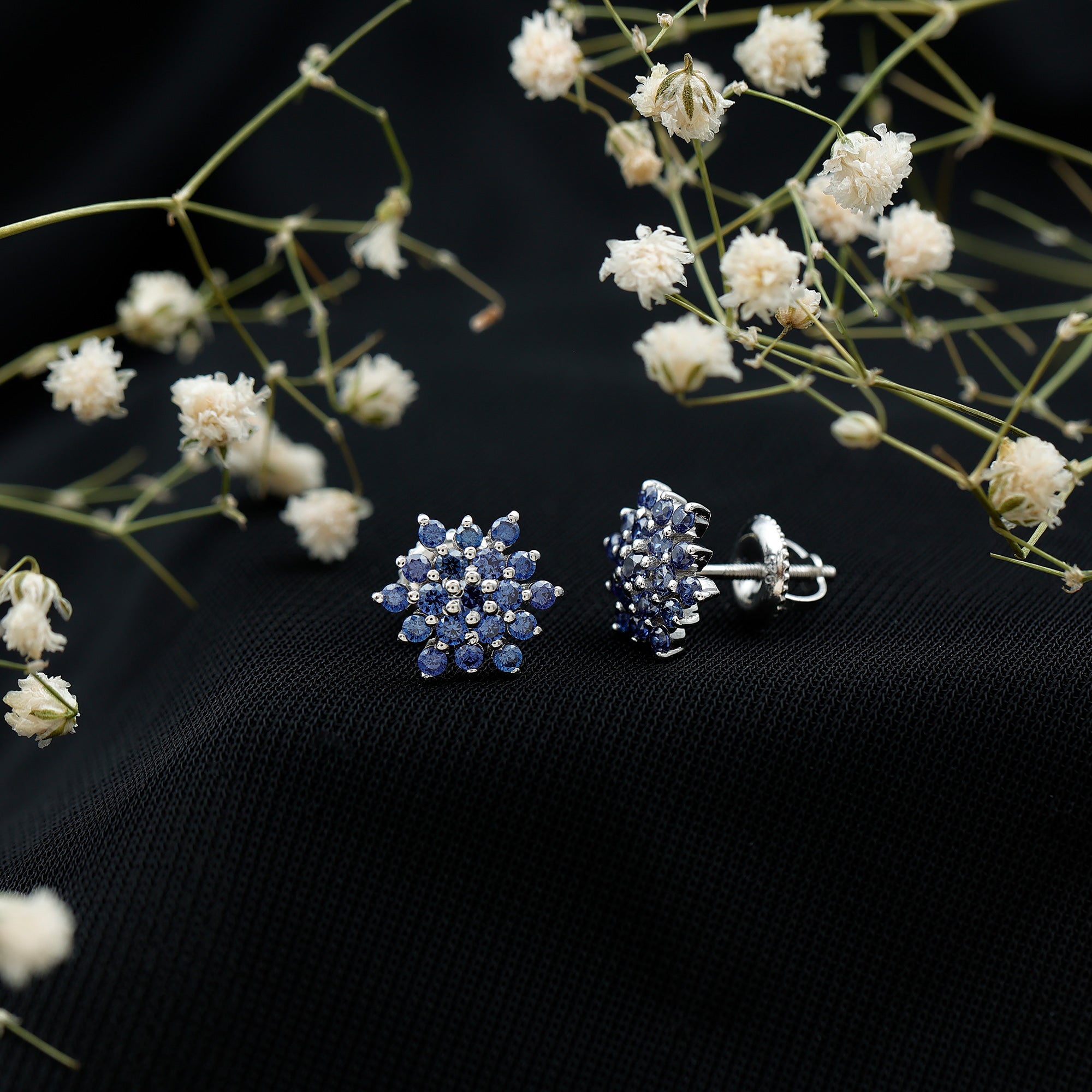 Snowflake Looking Lab Grown Blue Sapphire Cluster Stud Earrings