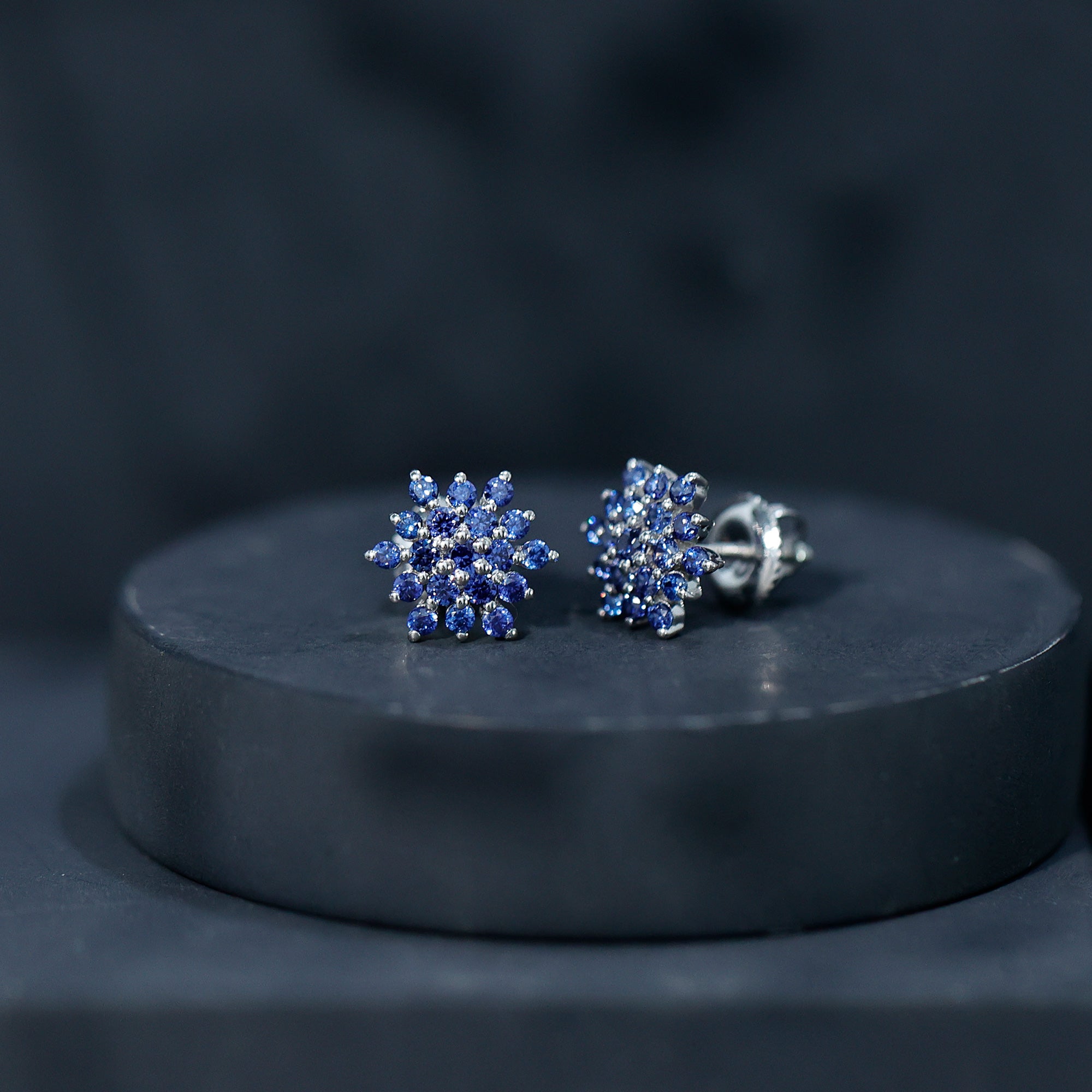 Snowflake Looking Lab Grown Blue Sapphire Cluster Stud Earrings