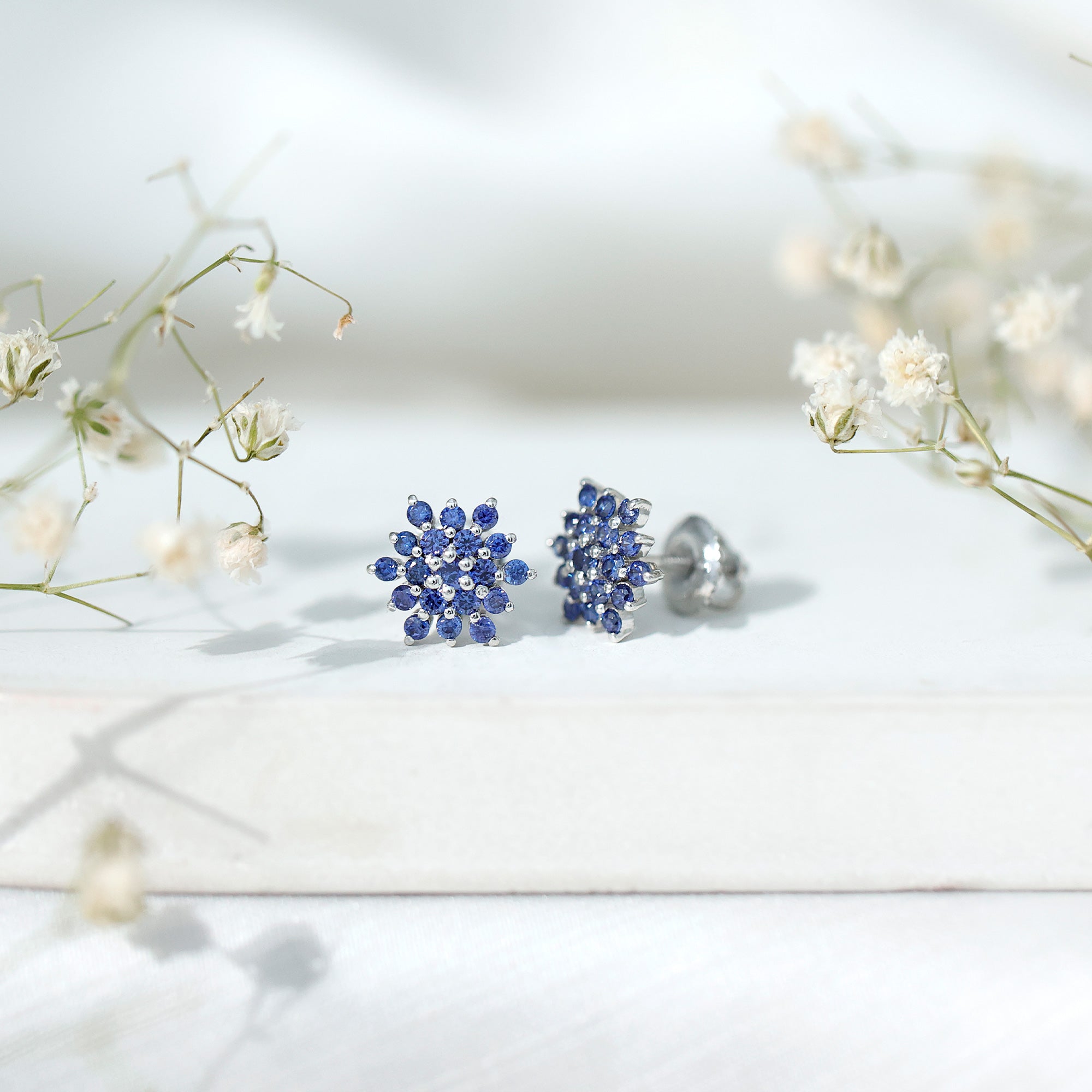 Snowflake Looking Lab Grown Blue Sapphire Cluster Stud Earrings