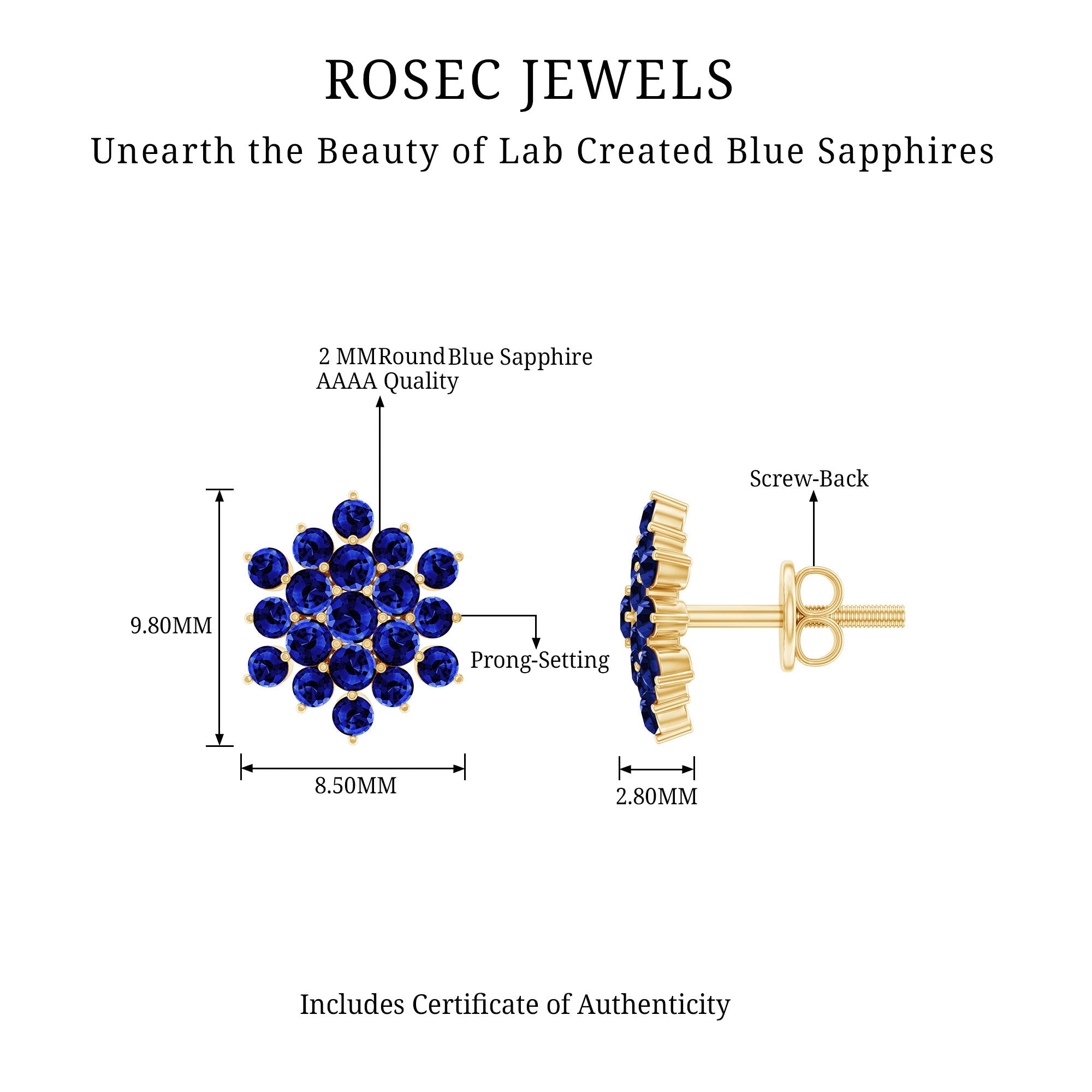 Snowflake Looking Lab Grown Blue Sapphire Cluster Stud Earrings