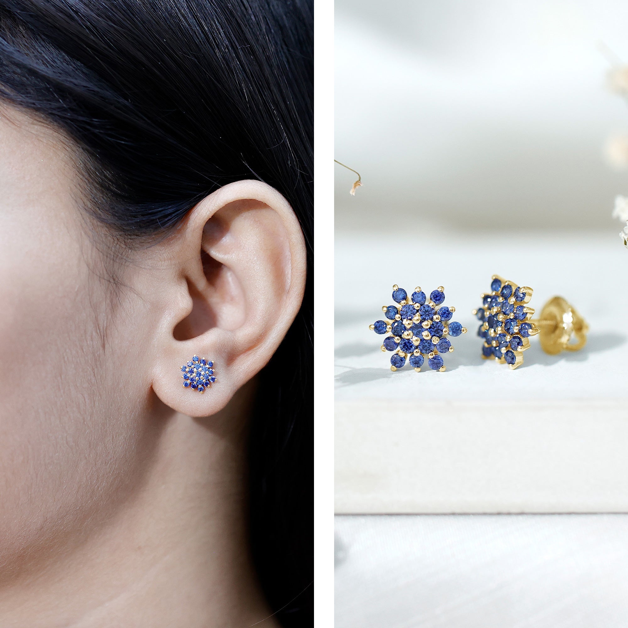 Snowflake Looking Lab Grown Blue Sapphire Cluster Stud Earrings