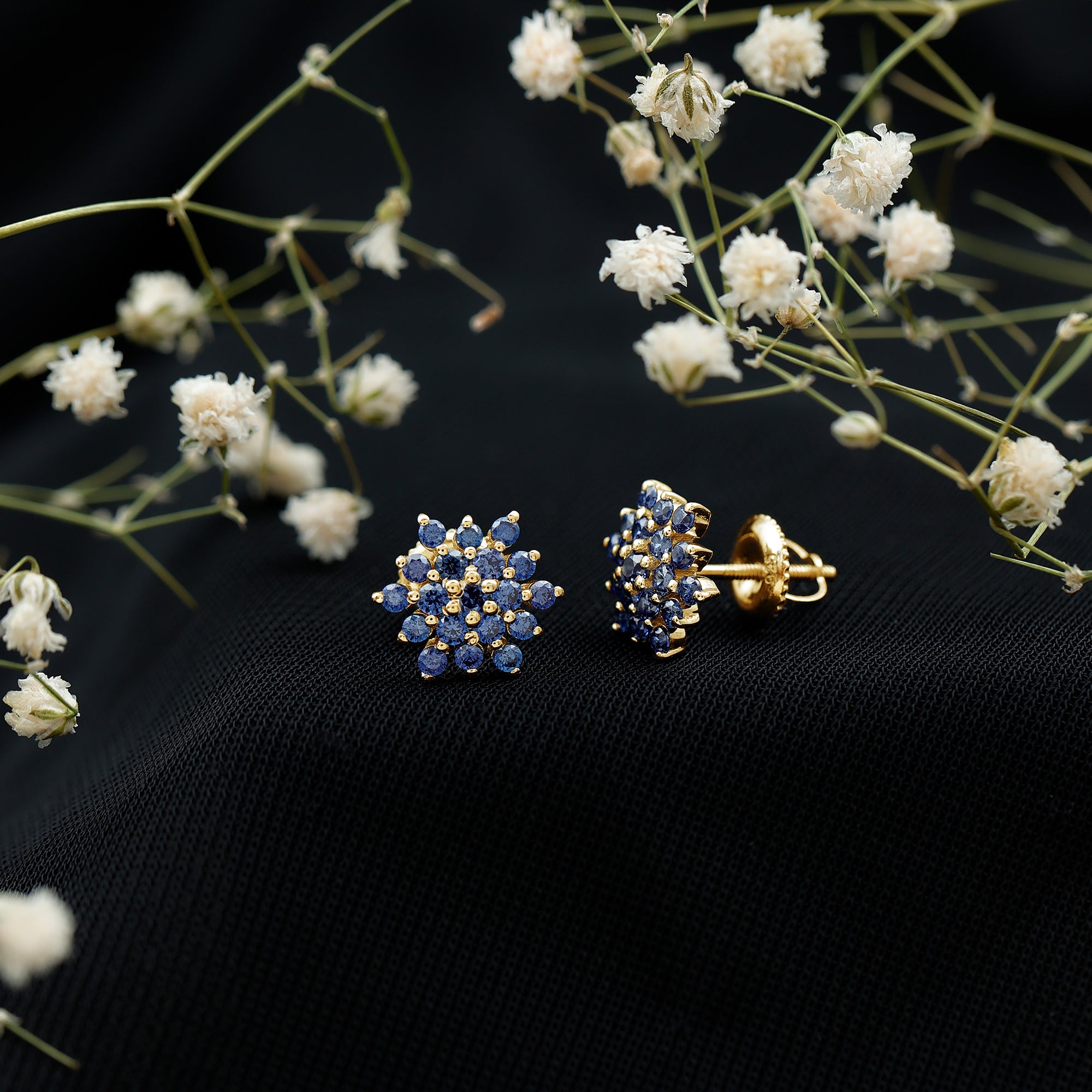 Snowflake Looking Lab Grown Blue Sapphire Cluster Stud Earrings