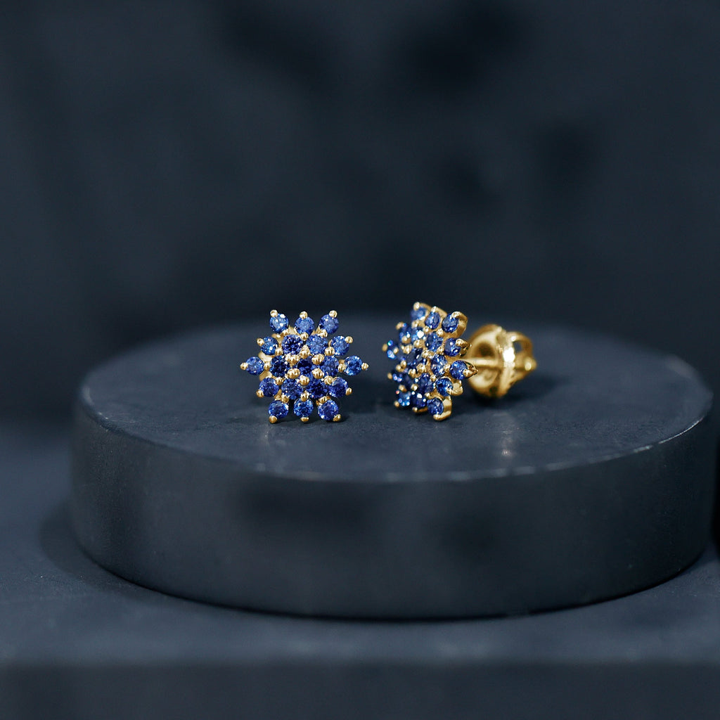 Snowflake Looking Lab Grown Blue Sapphire Cluster Stud Earrings