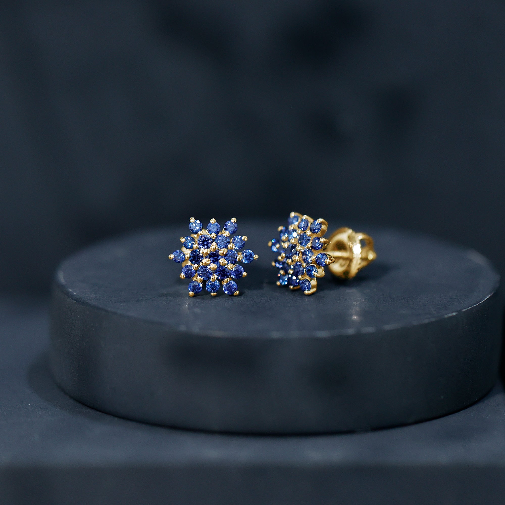 Snowflake Looking Lab Grown Blue Sapphire Cluster Stud Earrings