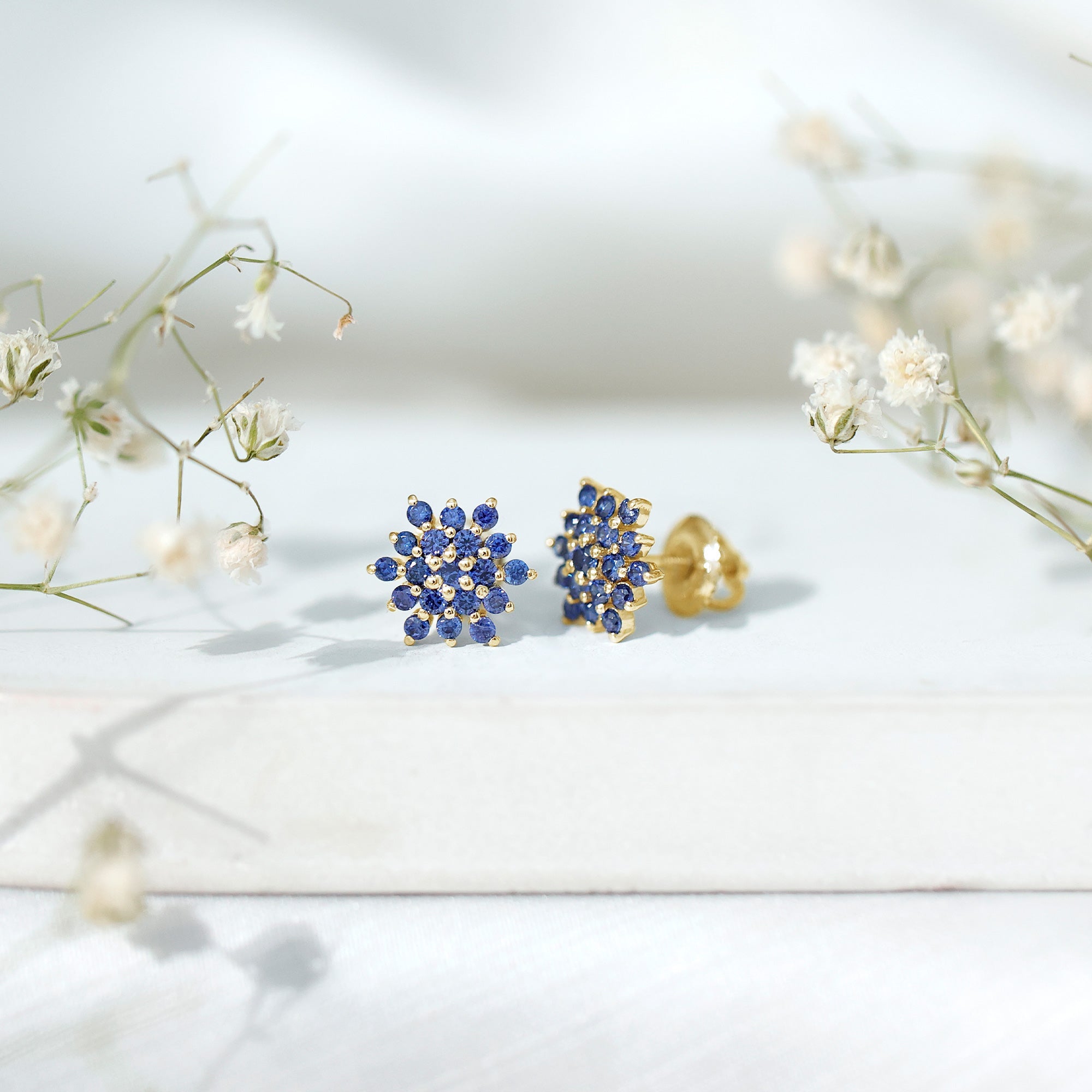 Snowflake Looking Lab Grown Blue Sapphire Cluster Stud Earrings
