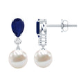 Cultured Freshwater Pearl Drop Earrings with Blue Sapphire