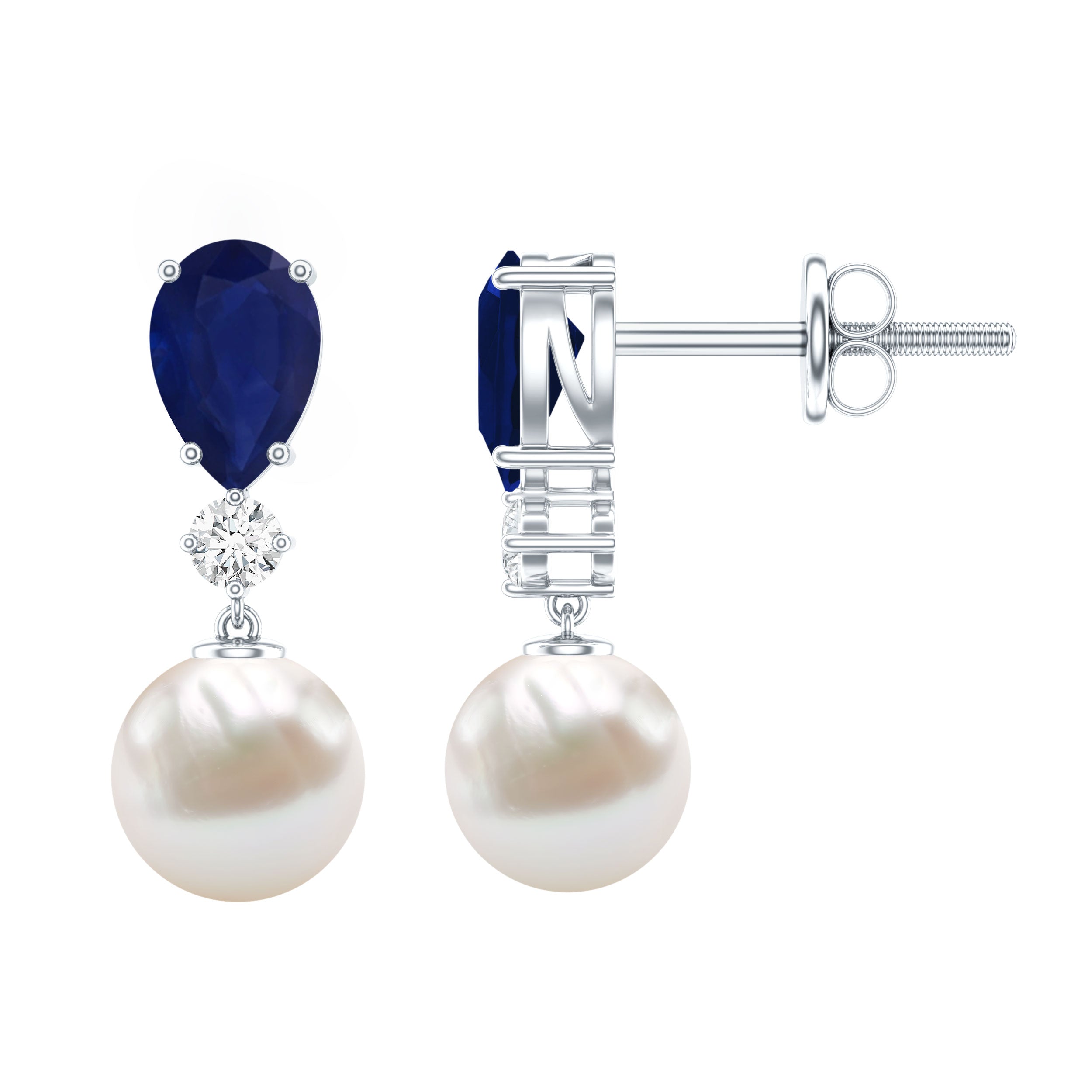 Cultured Freshwater Pearl Drop Earrings with Blue Sapphire
