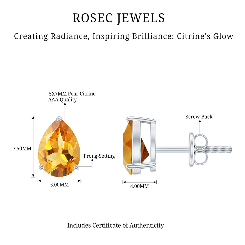Natural Pear Shape Citrine November Birthstone Stud Earrings