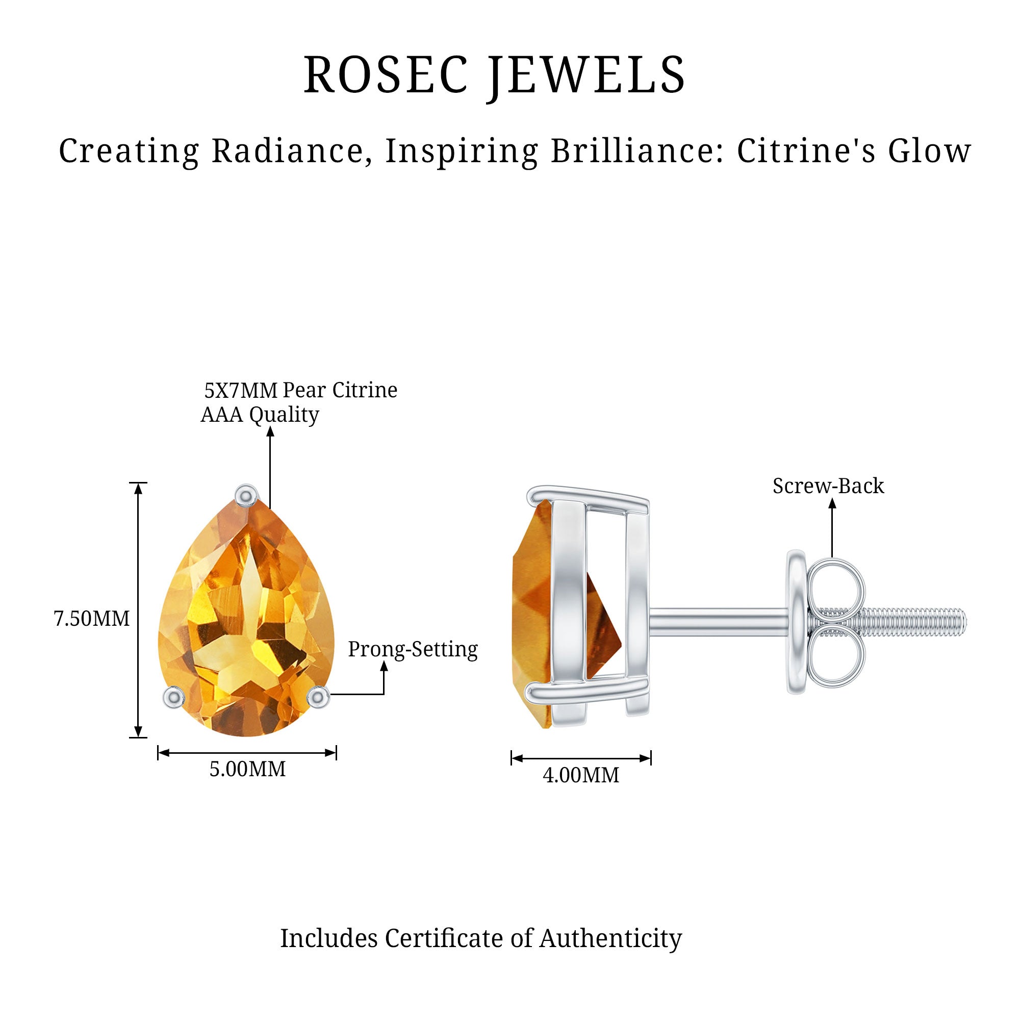 Natural Pear Shape Citrine November Birthstone Stud Earrings