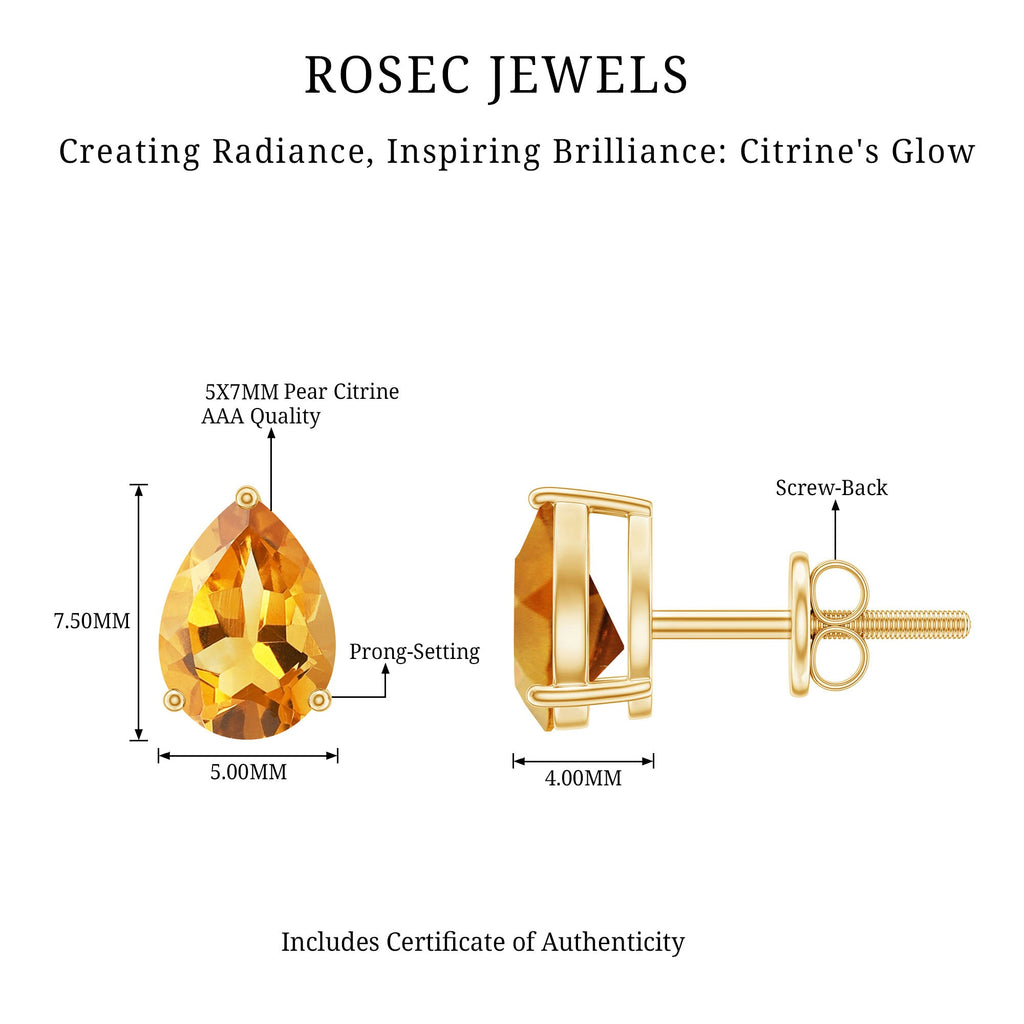 Natural Pear Shape Citrine November Birthstone Stud Earrings