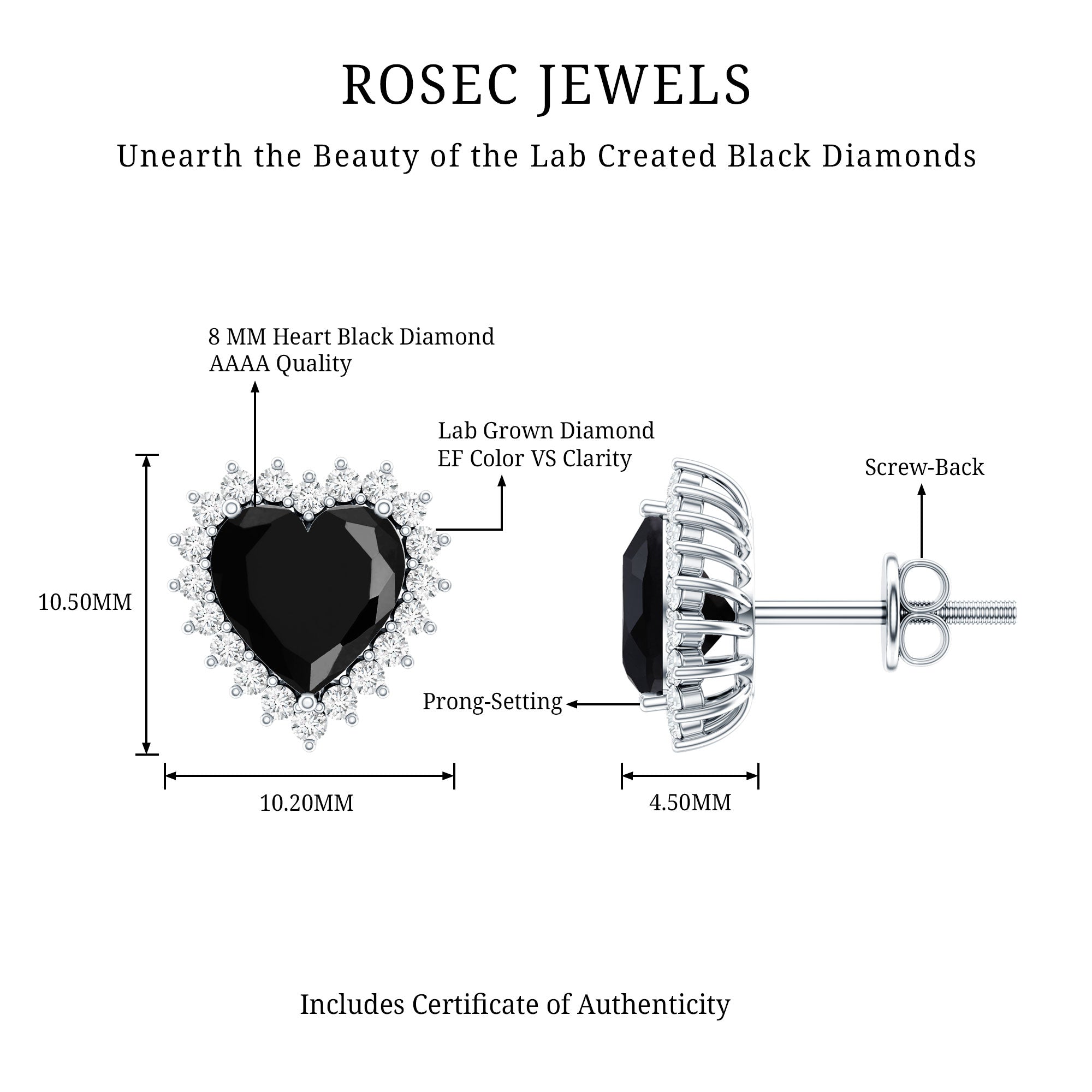4.8 Carat Lab Created Black and White Diamond Heart Stud Earrings with Halo