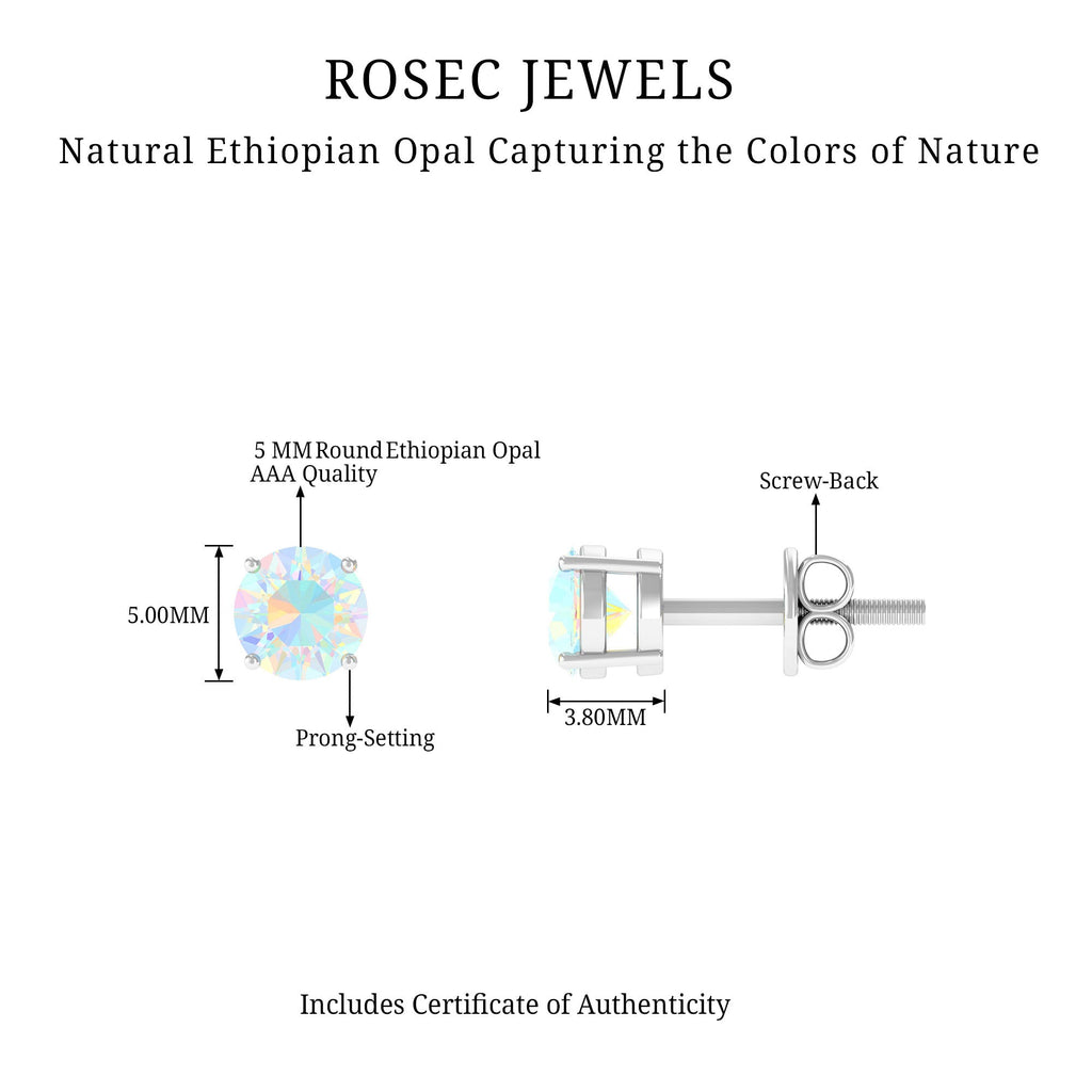 Round Shape Genuine Ethiopian Opal Solitaire Stud Earrings