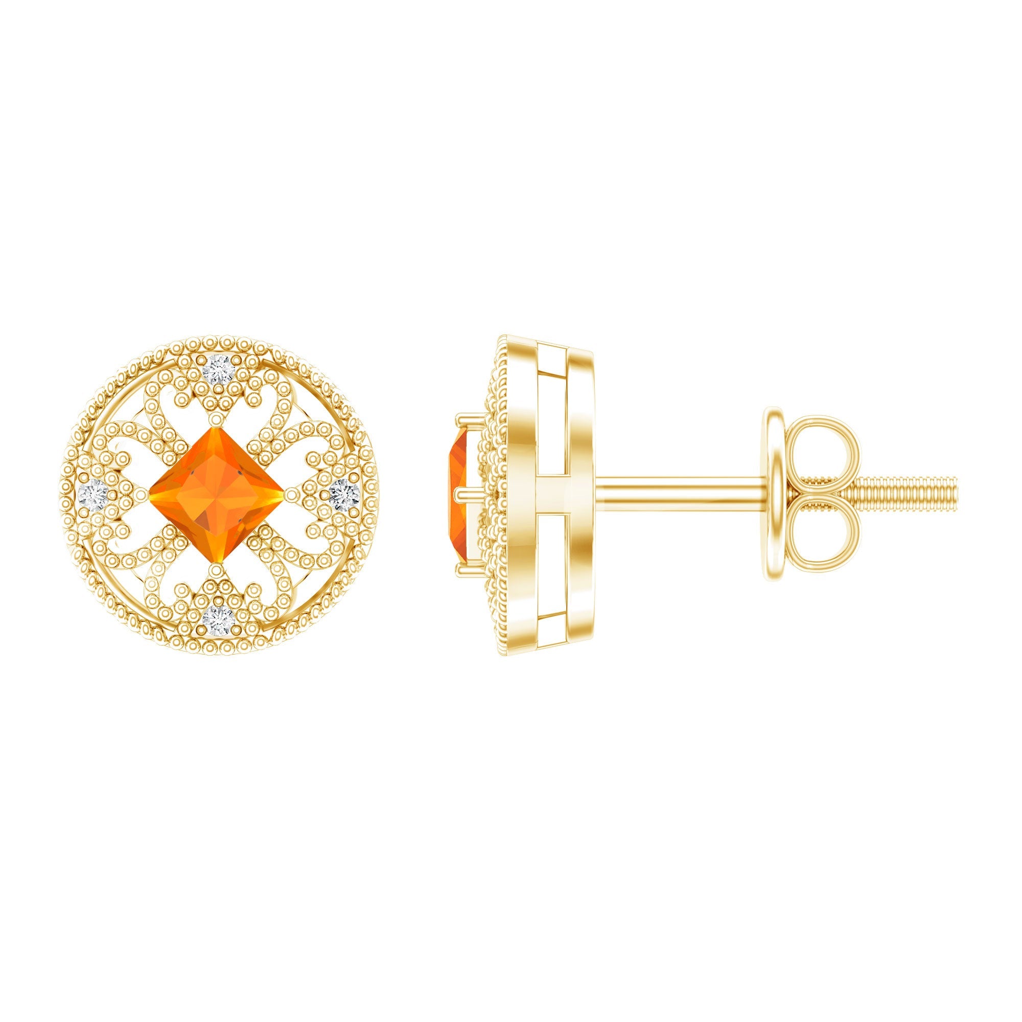Antique Style 0.6 Carat Fire Opal Circle Stud Earrings with Lab Diamond