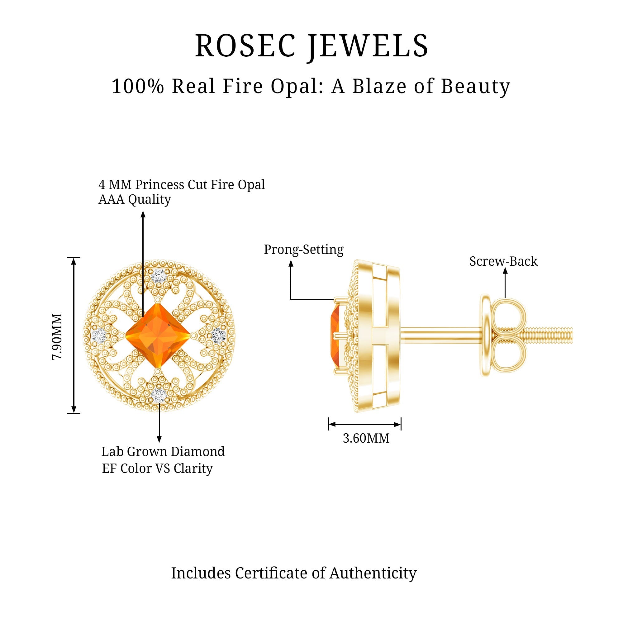 Antique Style 0.6 Carat Fire Opal Circle Stud Earrings with Lab Diamond
